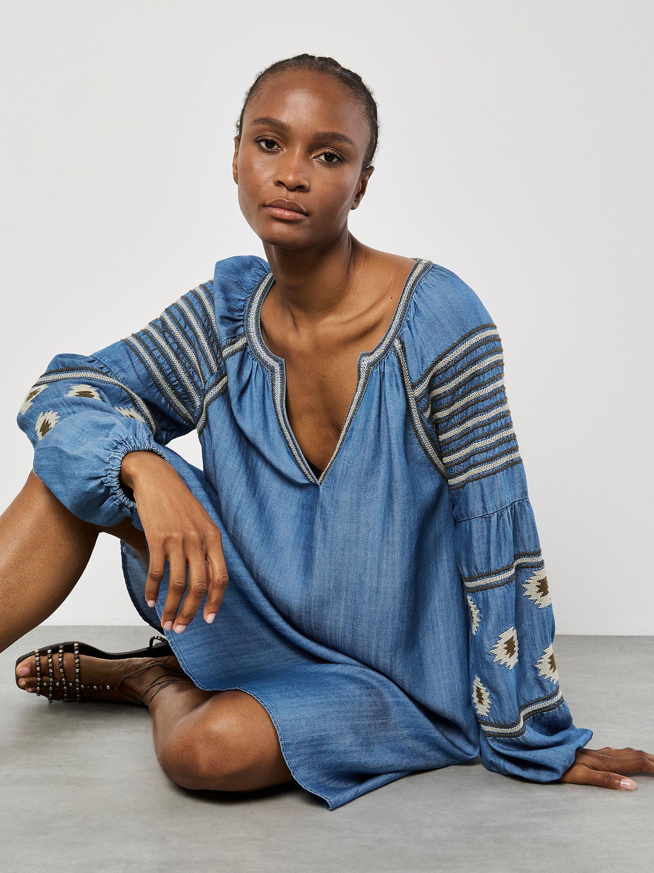 Image 1 of 5 of Apricot Denim Balloon Sleeve Dress - Blue