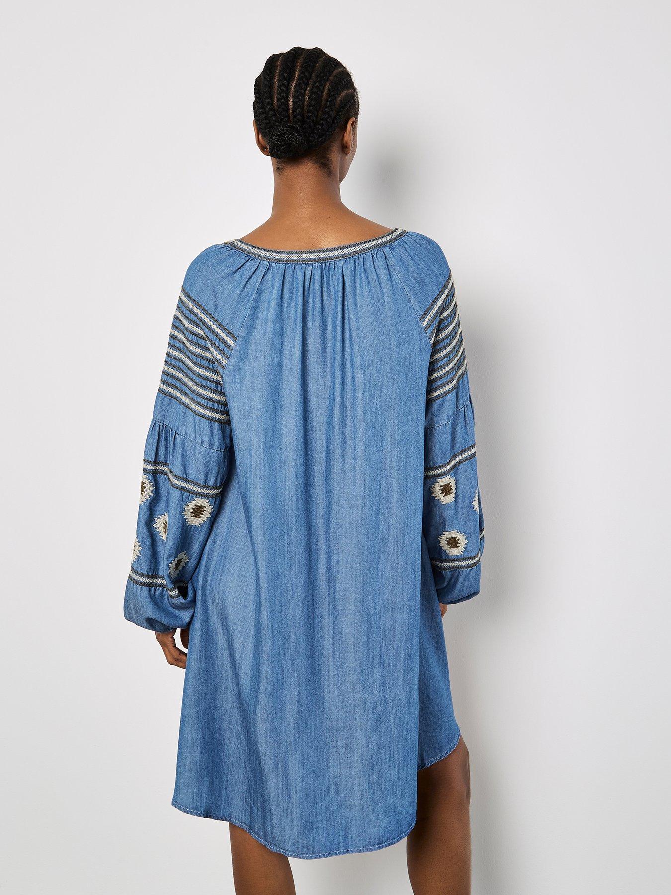 Image 2 of 5 of Apricot Denim Balloon Sleeve Dress - Blue