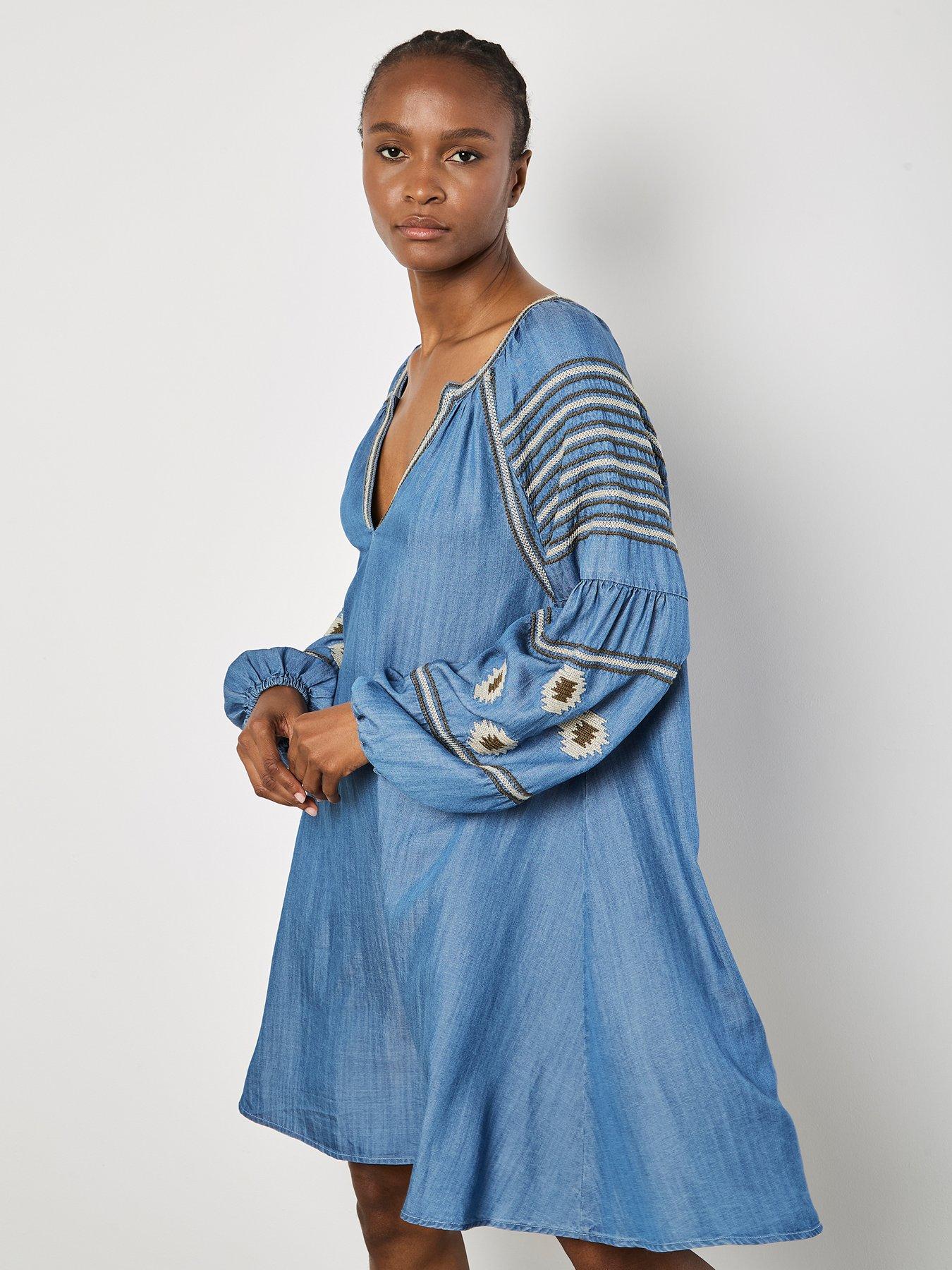 Image 3 of 5 of Apricot Denim Balloon Sleeve Dress - Blue