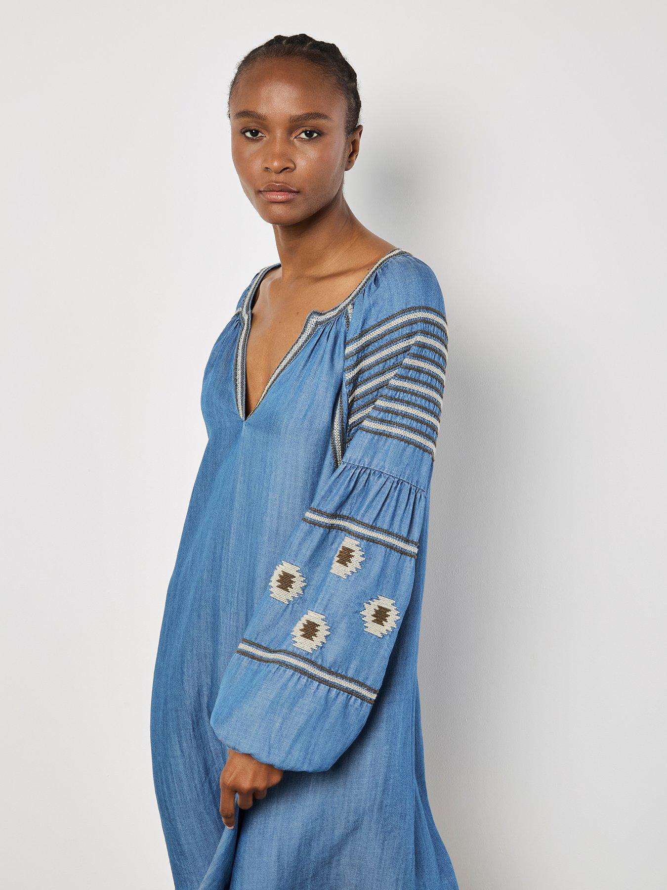 Image 4 of 5 of Apricot Denim Balloon Sleeve Dress - Blue