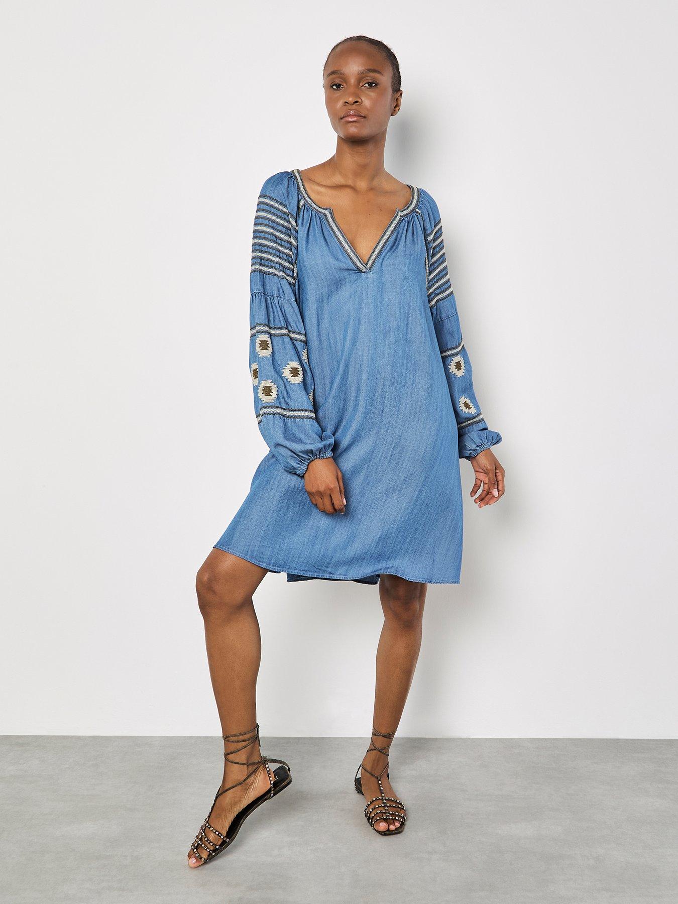 Image 5 of 5 of Apricot Denim Balloon Sleeve Dress - Blue