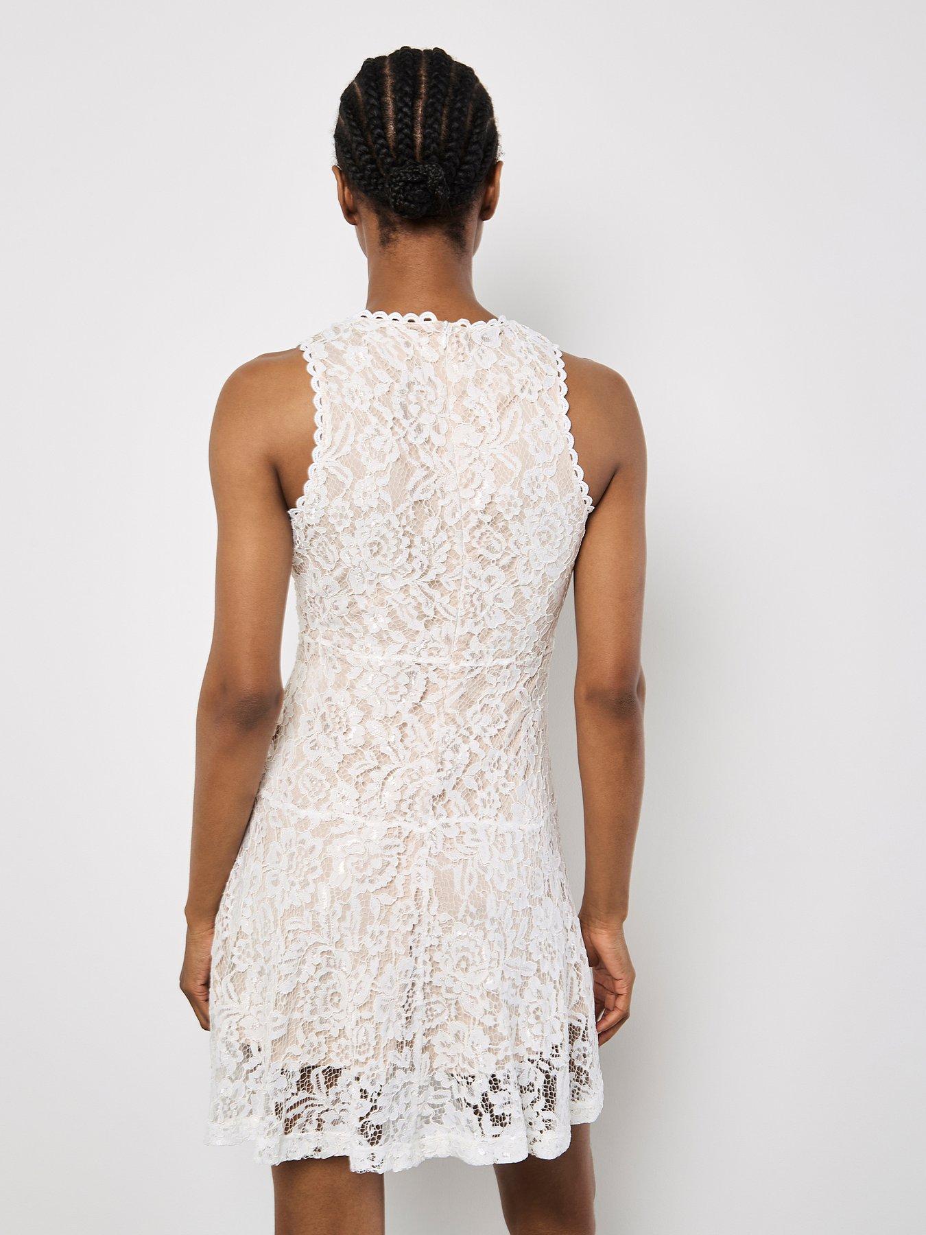 Image 2 of 4 of Apricot High Neck Lace Skater Dress - White