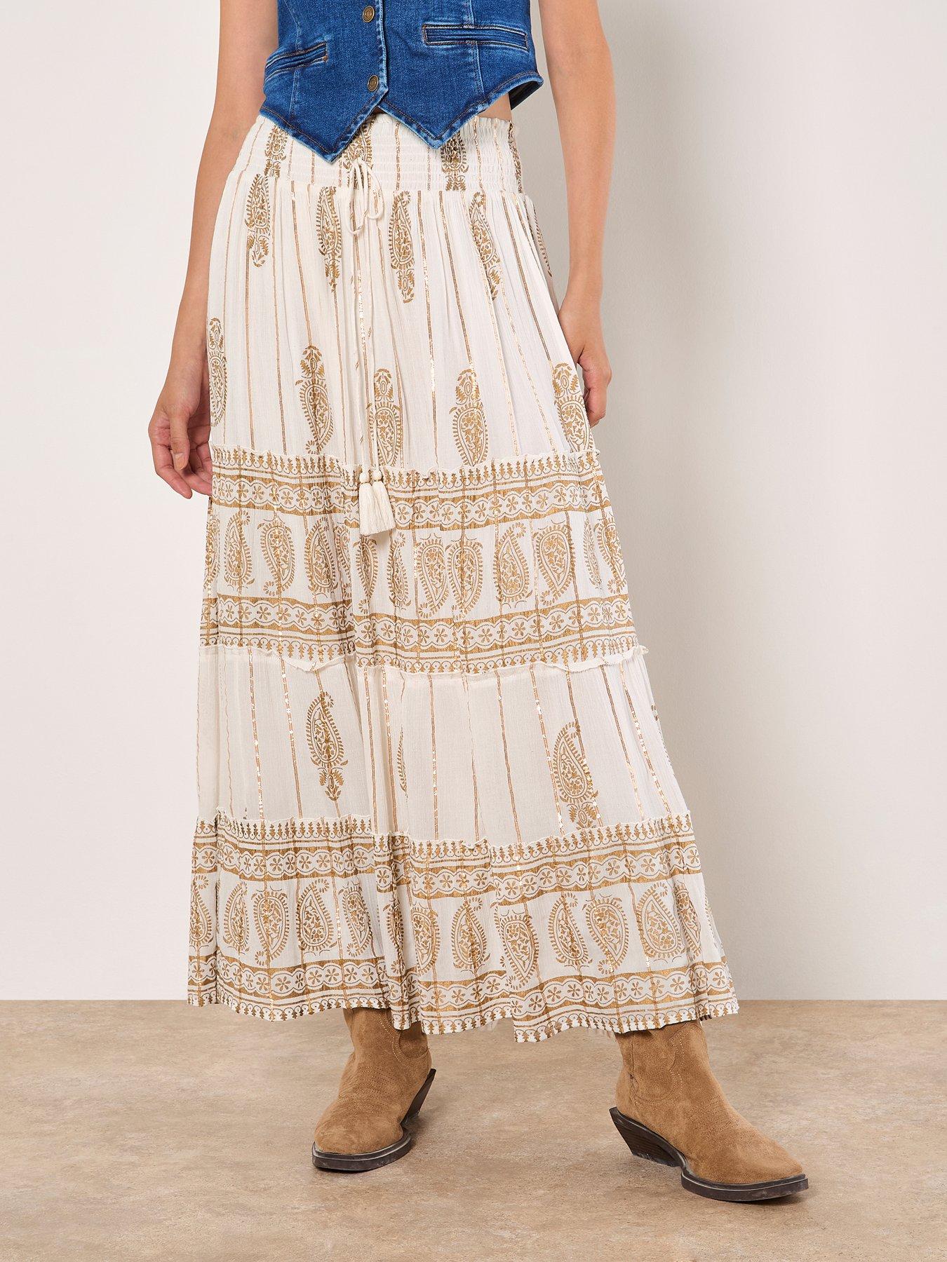 undefined Gold Print Tassel Maxi Skirt - Cream