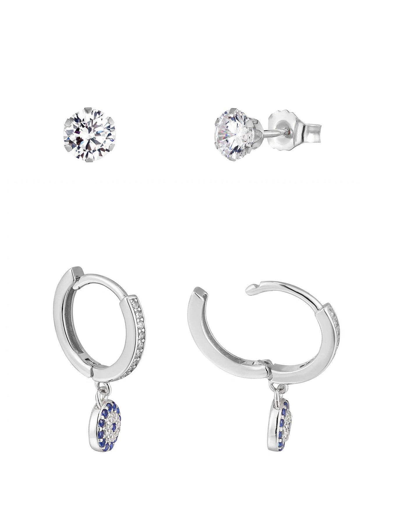 V By Very Turkish Eye Cz Charm Huggie And Stud Earring Set Of 2 in Silver