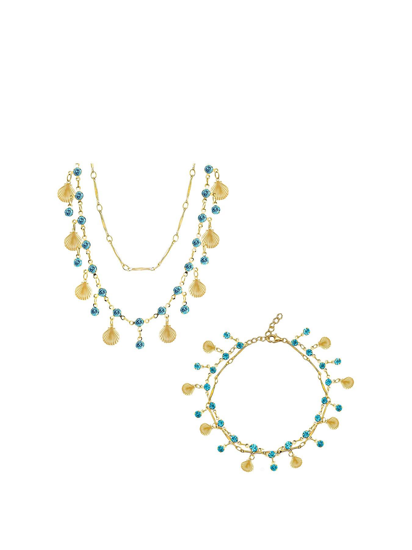 Image 1 of 7 of V by Very Gold Plated Shell and Crystal Double Layer Necklace and Bracelet Set