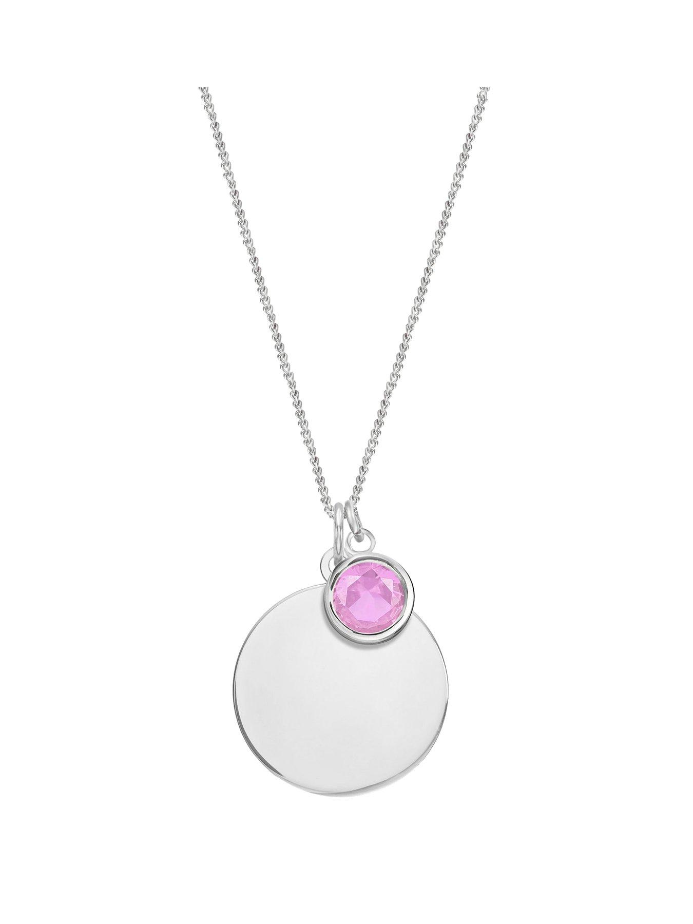 The Love Collection Sterling Silver Personalised Birthstone CZ Rubover Charm and Disc Necklace