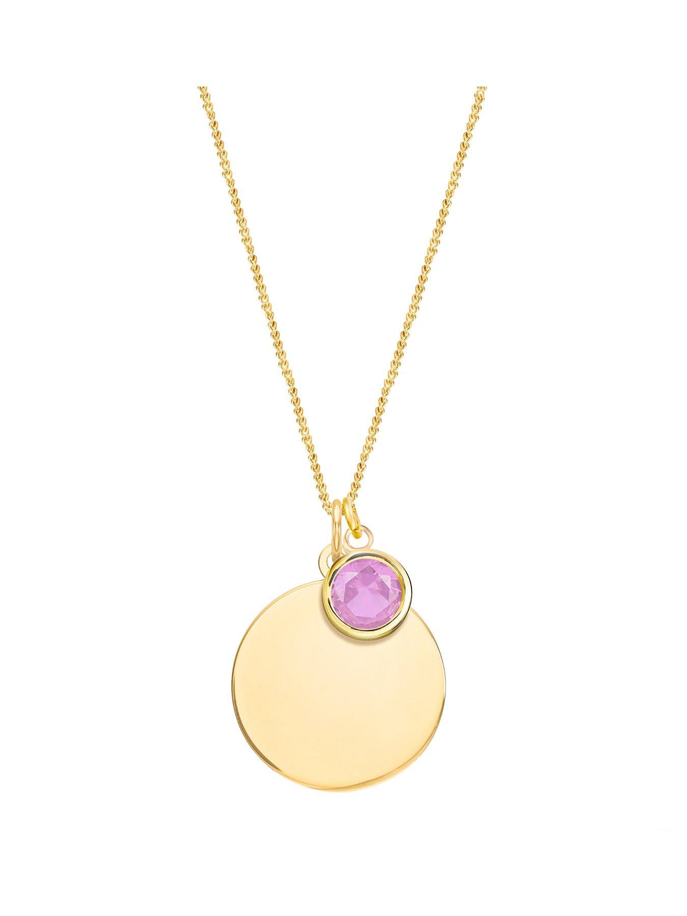 The Love Collection Gold Plated Sterling Silver Personalised Birthstone CZ Rubover Charm and Disc Necklace