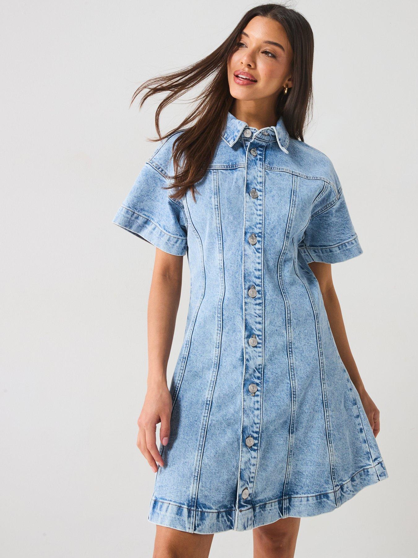 PIECES A-Shape Denim Dress - Blue