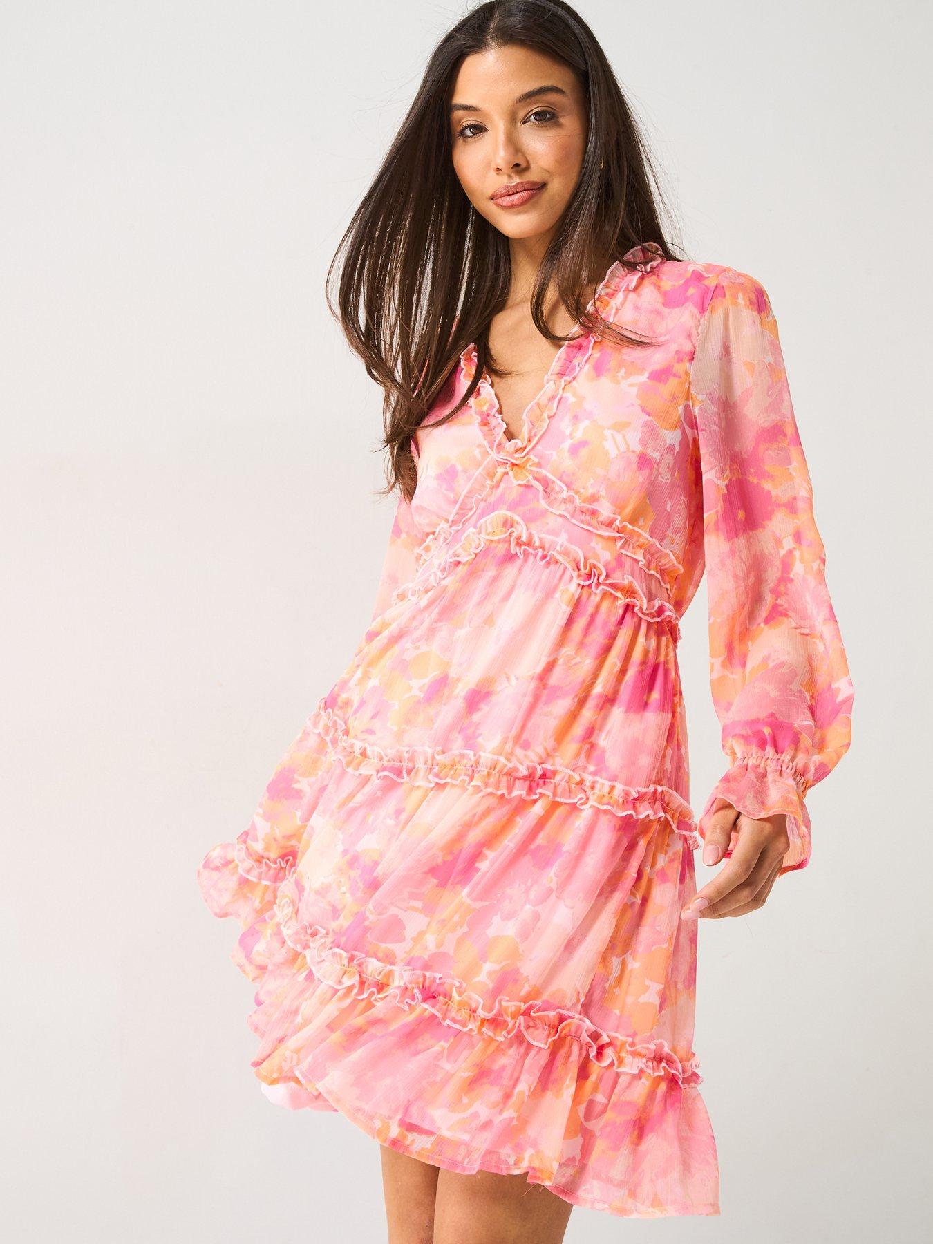 Image 1 of 5 of Vero Moda Milla Long Sleeve Frill Short Dress - Multi