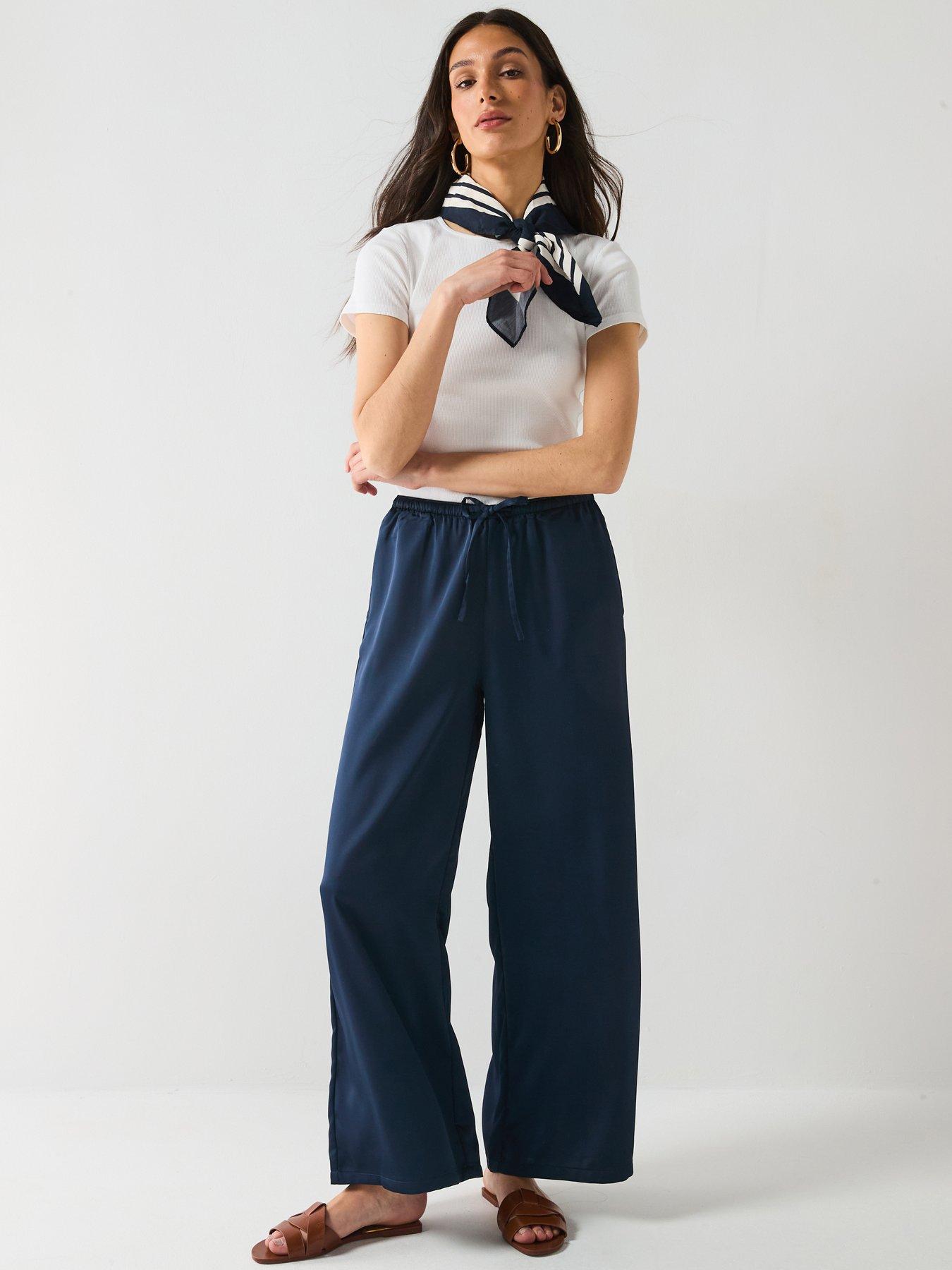 Image 1 of 6 of Vero Moda Tricia Mid Waist Wide Satin Pant - Navy