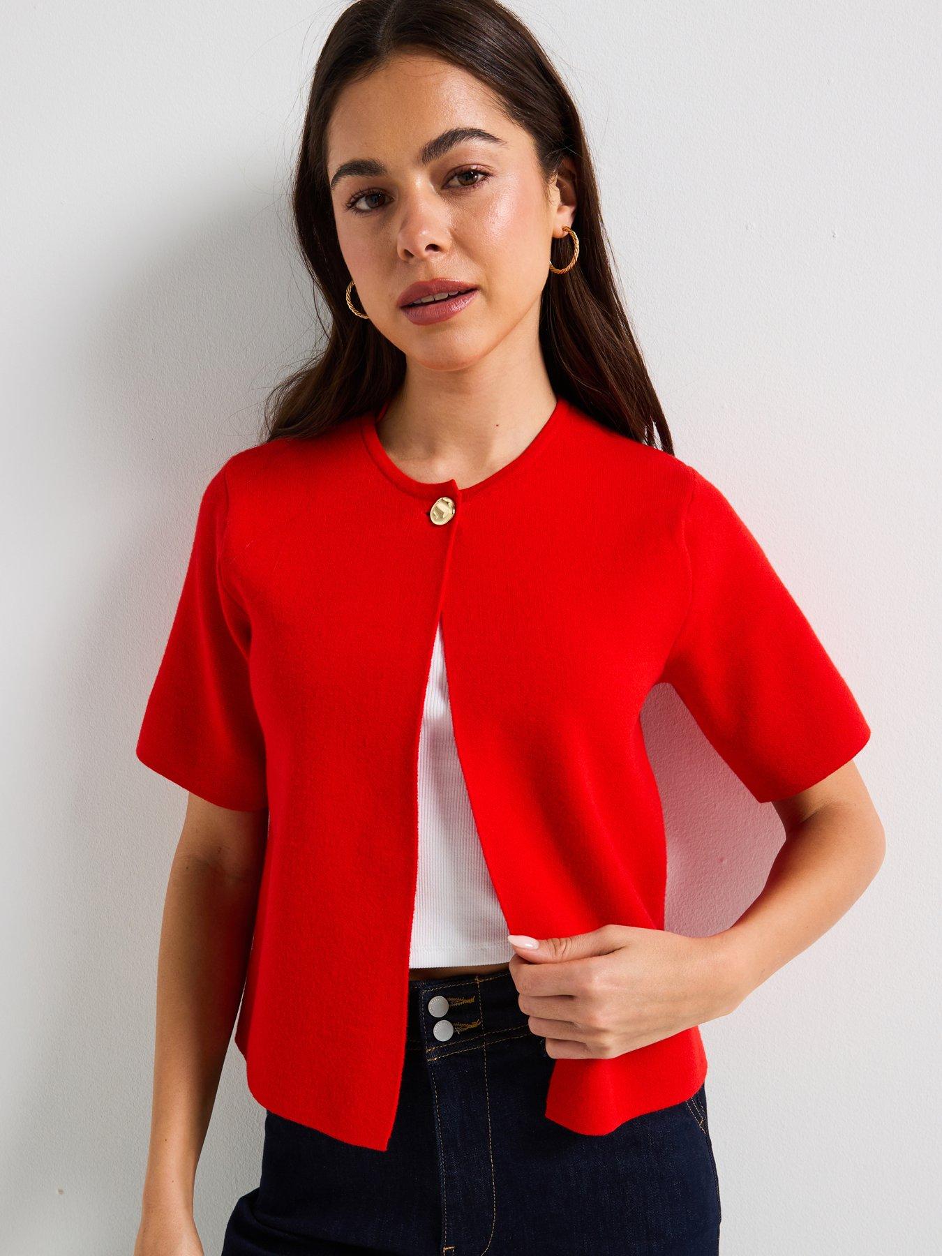Image 1 of 5 of Vero Moda Gold Short Sleeve O-Neck One Button Cardigan - Red