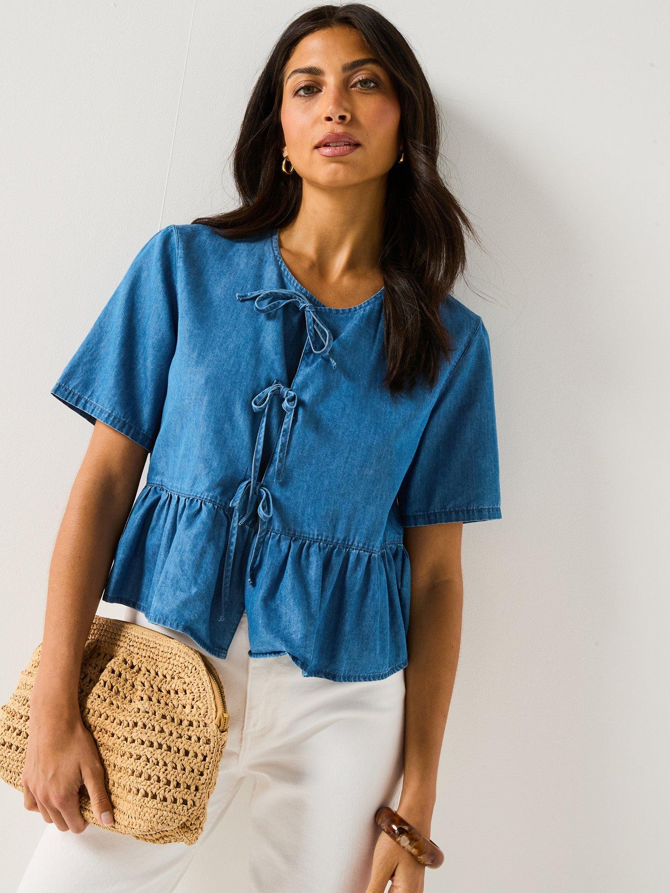 undefined Bea Short Sleeve Bow Denim Shirt - Denim - Medium Blue