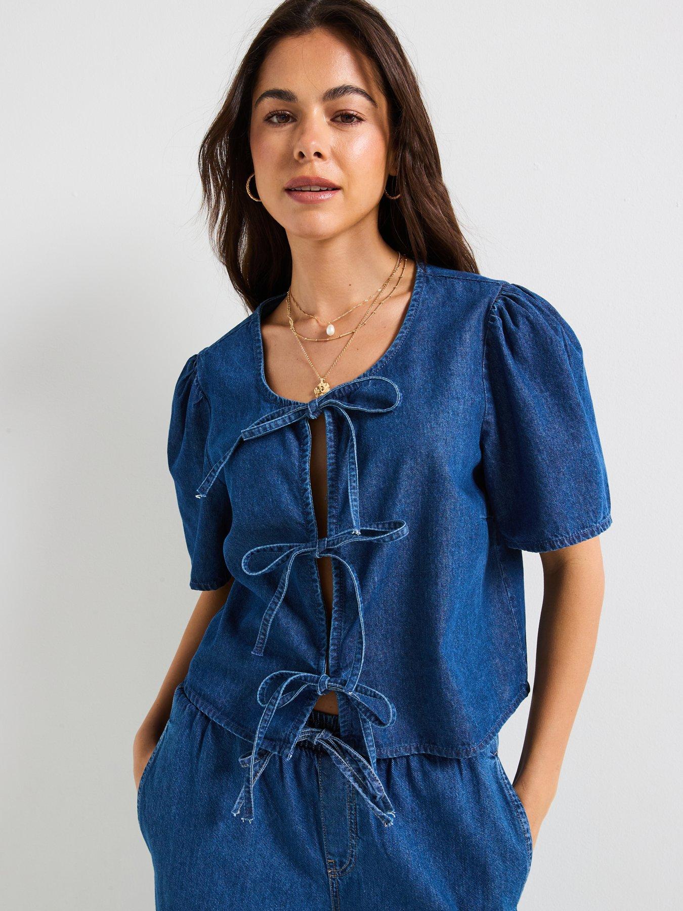 PIECES Denim Short Sleeve Top - Blue
