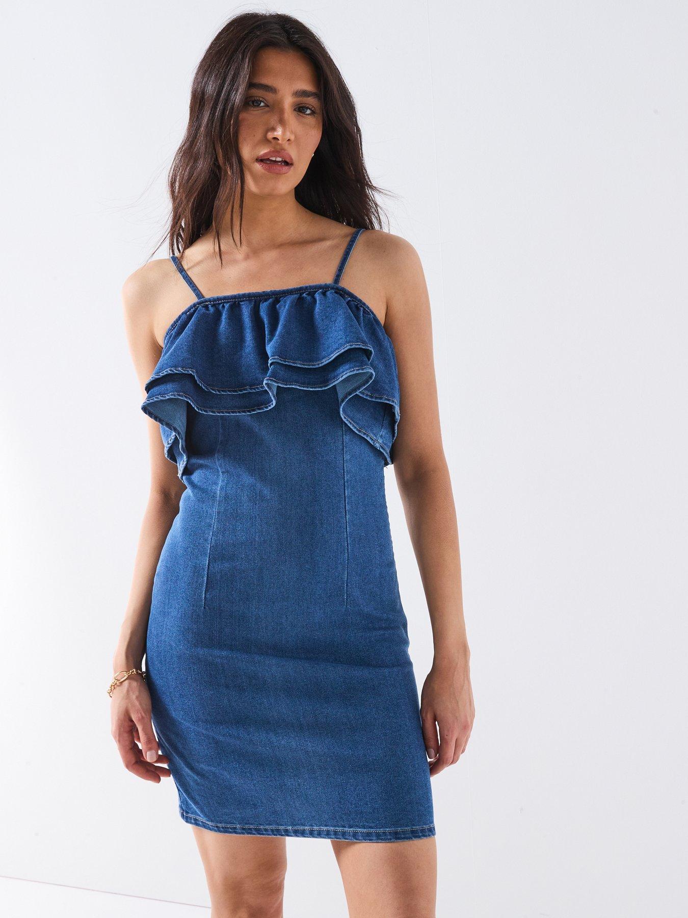 Image 1 of 6 of Vero Moda Manny Frill Short Denim Dress - Blue