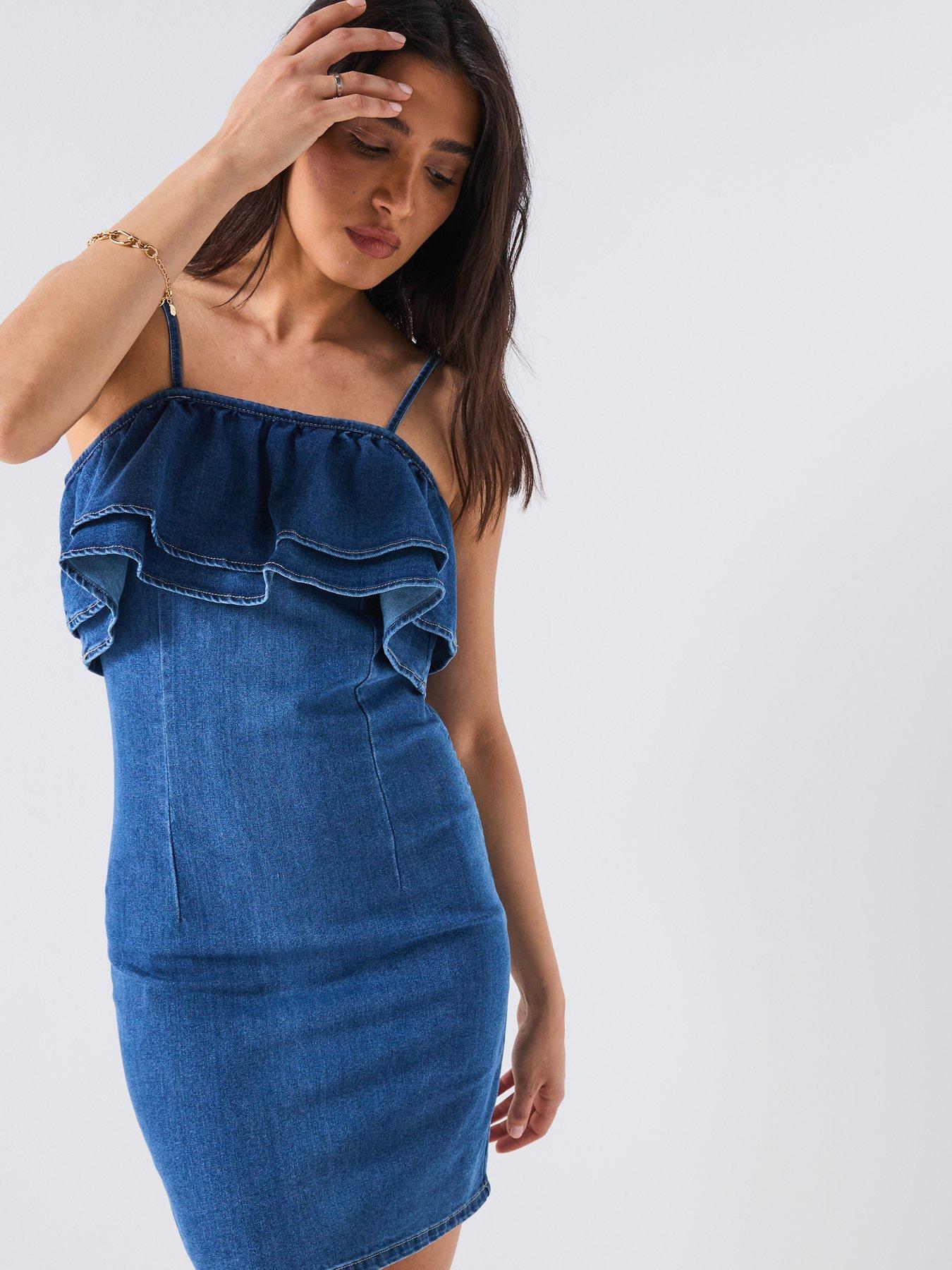 Image 4 of 6 of Vero Moda Manny Frill Short Denim Dress - Blue