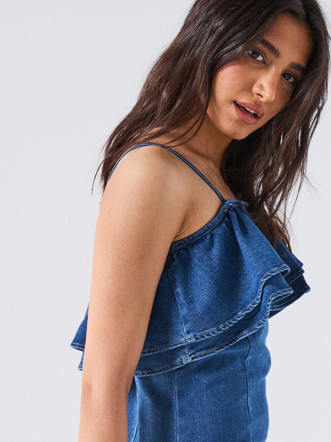 Image 6 of 6 of Vero Moda Manny Frill Short Denim Dress - Blue
