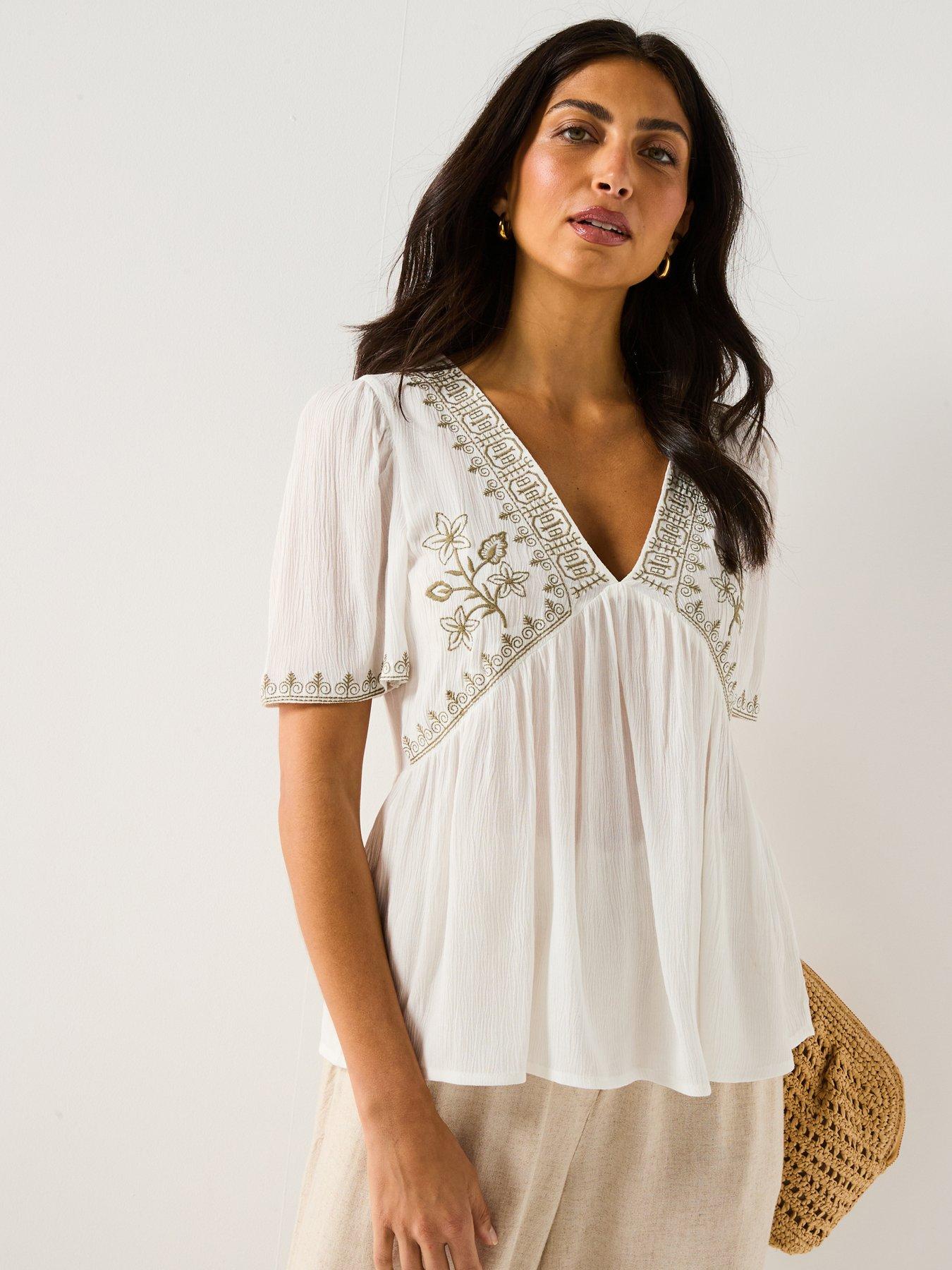 JDY Harper Short Sleeve V-neck Embroidery Top - Multi