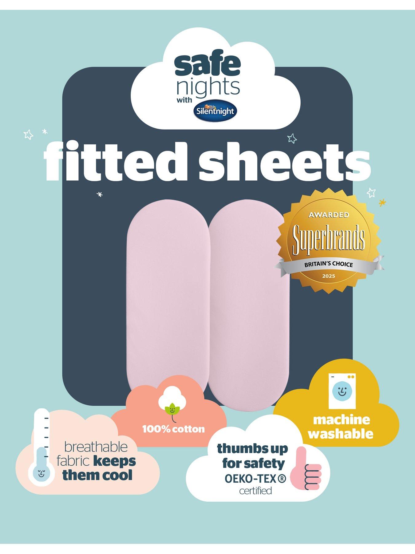 Image 7 of 7 of Silentnight Safe Nights 2 x Pack 100% Cotton Moses Basket Fitted Sheets - 74cm x 28cm (Pink)