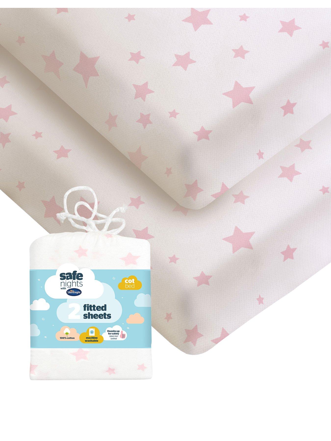 Image 1 of 7 of Silentnight Safe Nights 2 x Pack 100% Cotton Cot Bed Fitted Sheets - 140cm x 70cm - Pink Stars