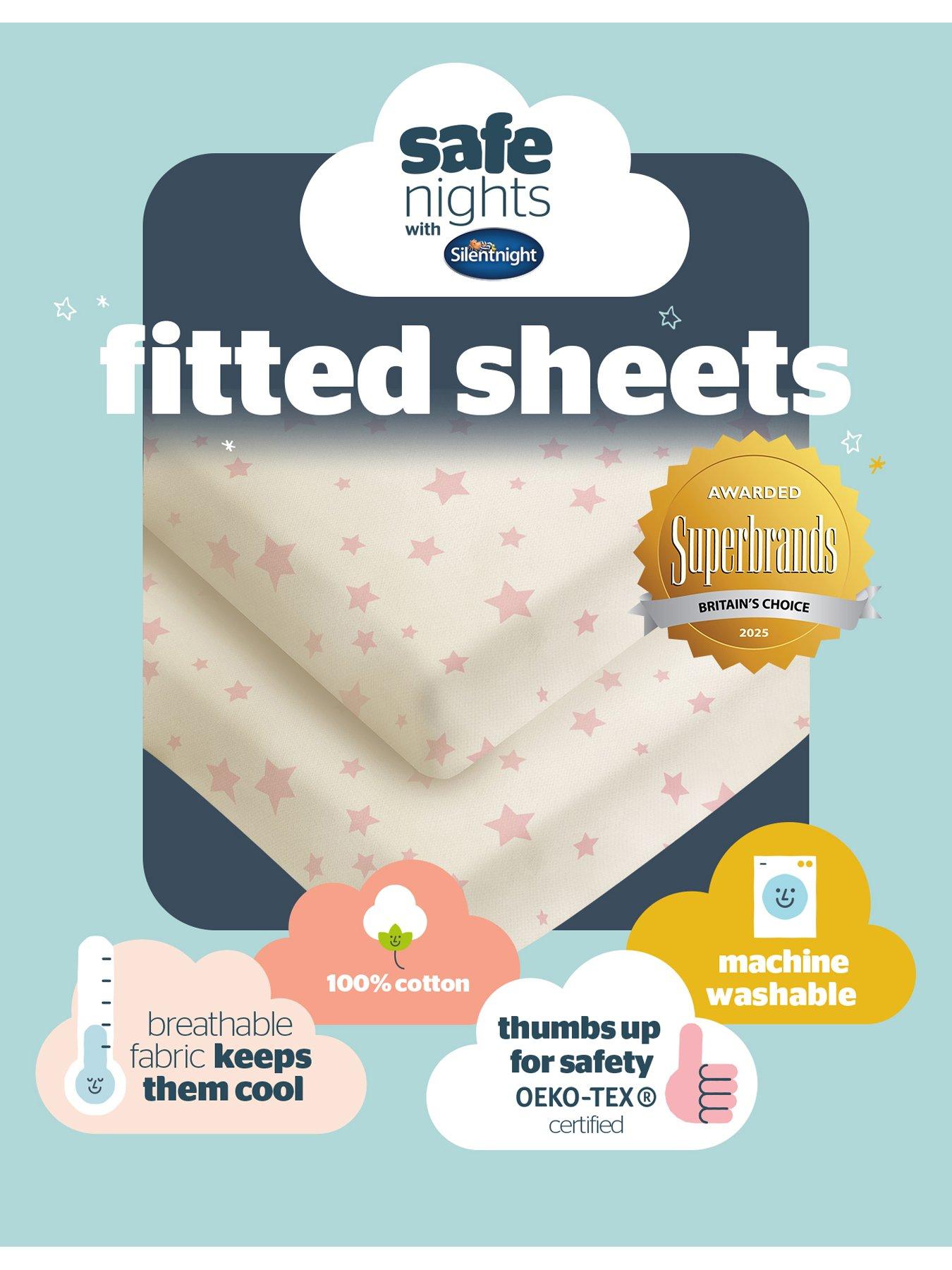 Image 7 of 7 of Silentnight Safe Nights 2 x Pack 100% Cotton Cot Bed Fitted Sheets - 140cm x 70cm - Pink Stars