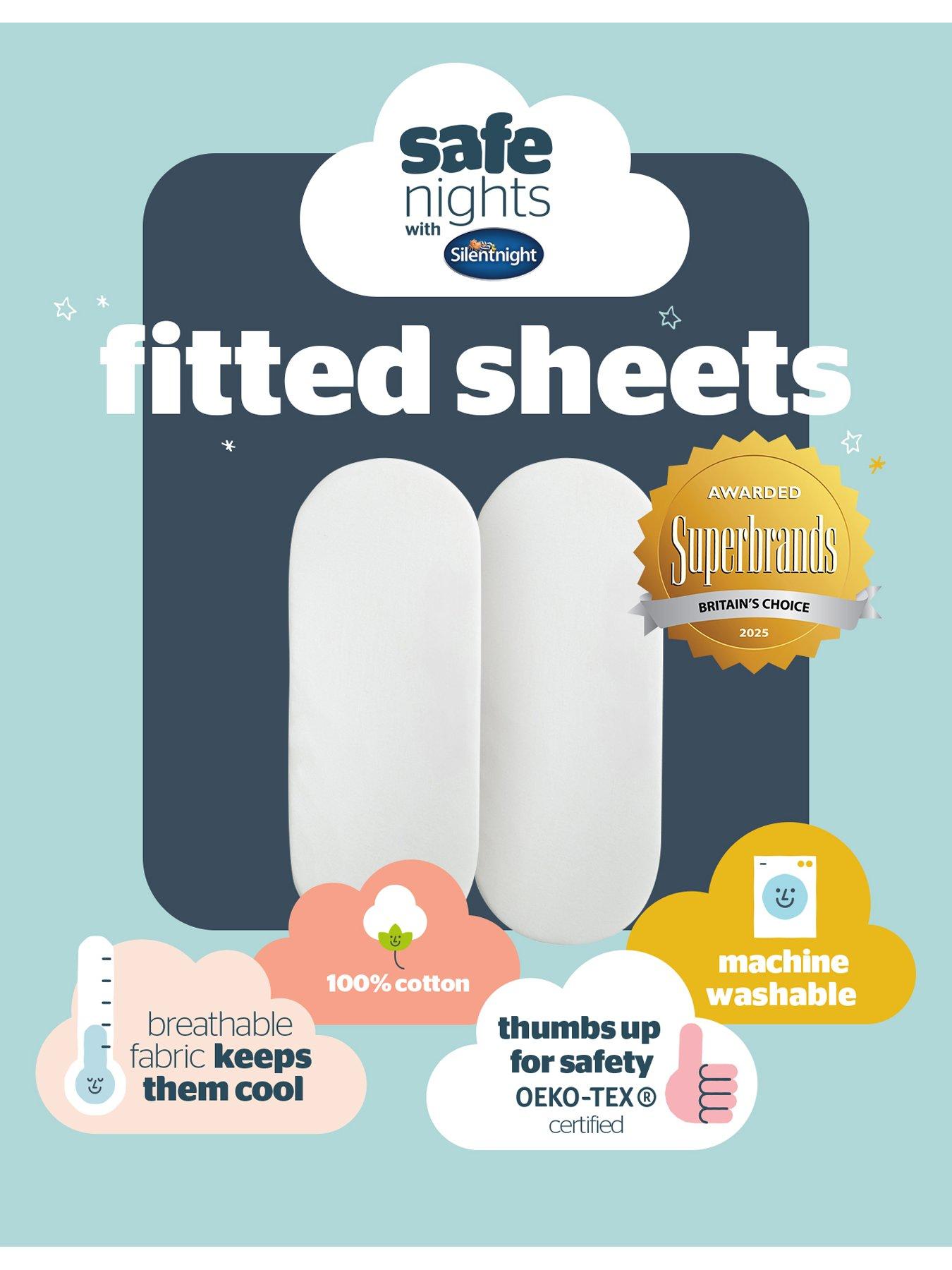 Image 7 of 7 of Silentnight Safe Nights 2 x Pack 100% Cotton Moses Basket Fitted Sheets - 74cm x 28cm (White)