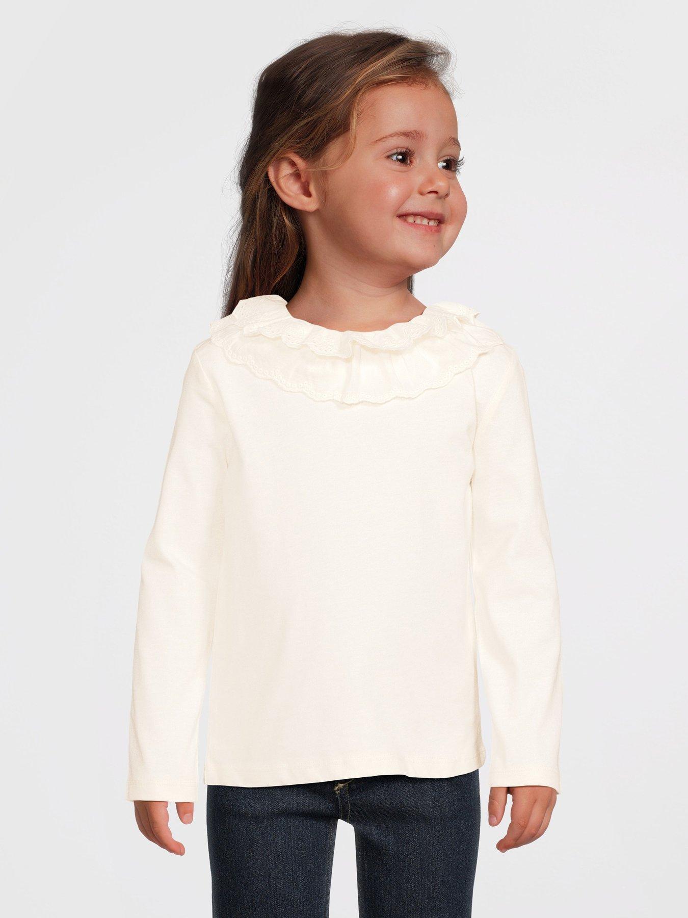 Mini V by Very Girls Cotton Long Sleeve Top with Broiderie Scallop Neck - Pink
