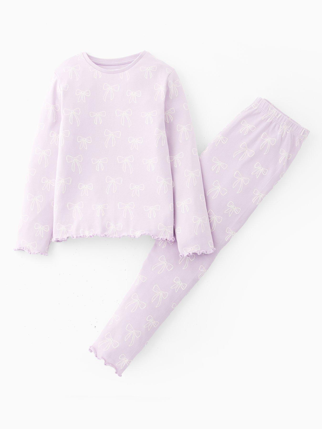 Mini V by Very Girls Rib Scallop Edge Single Long Sleeve Pyjama - Bow Multi