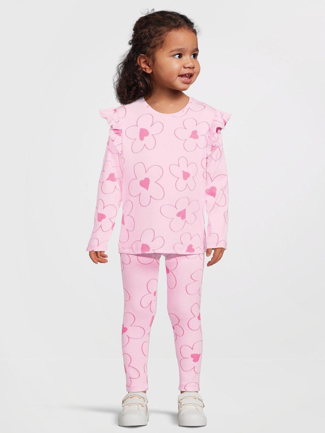 undefined Girls Frill Sleeve Rib Long Sleeve Top and Legging Set - Pink Floral