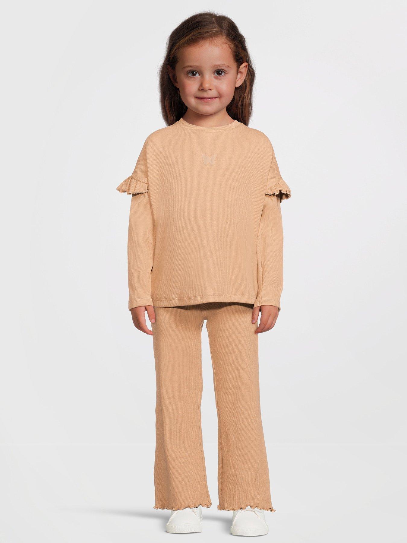 Mini V by Very Girls Frill Sleeve Rib Long Sleeve Top and Flare Legging Set - Camel