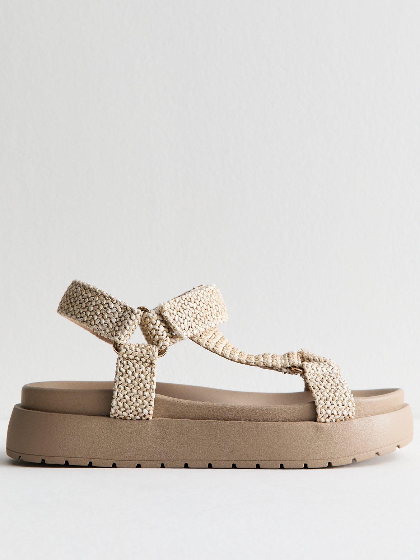 Image 1 of 6 of New Look Cream Raffia Harness Strap Platform Sandals
