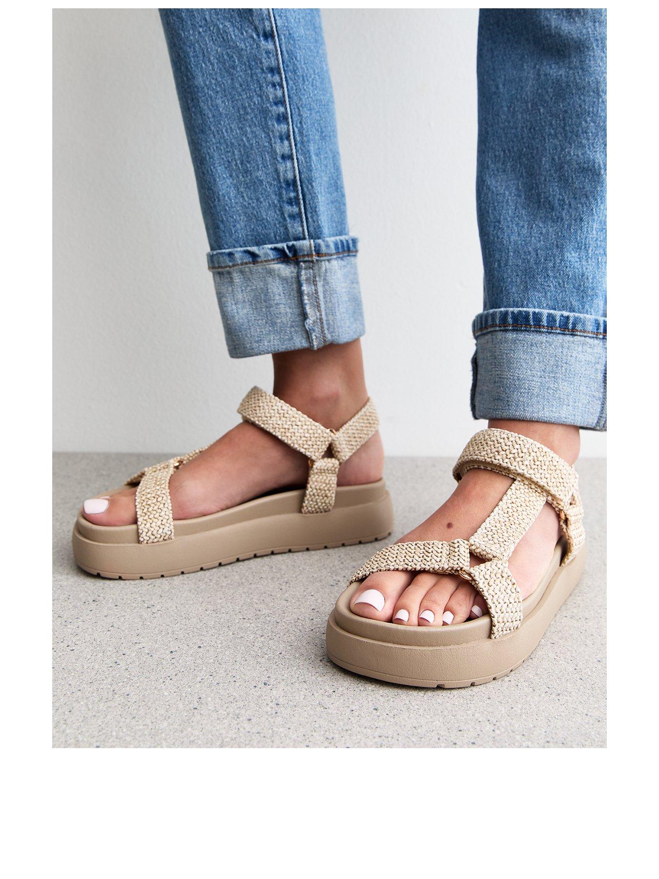 Image 2 of 6 of New Look Cream Raffia Harness Strap Platform Sandals