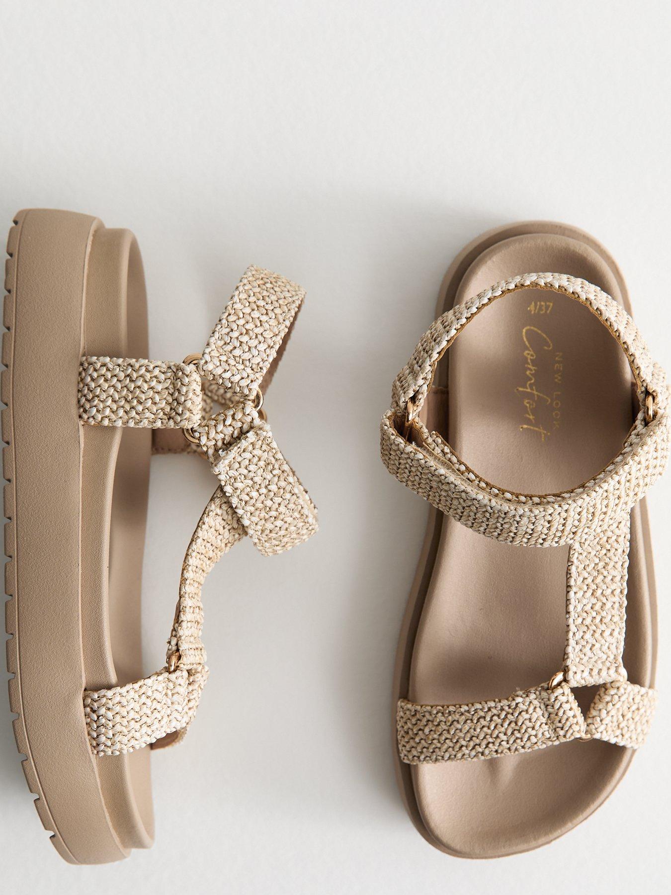 Image 4 of 6 of New Look Cream Raffia Harness Strap Platform Sandals