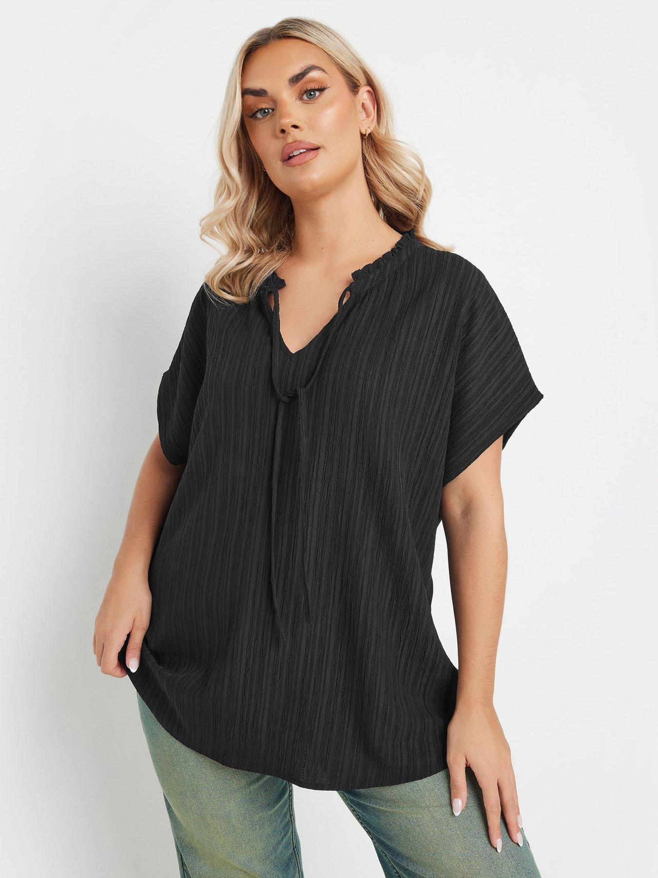 yours-curve-texture-frill-neck-top-black