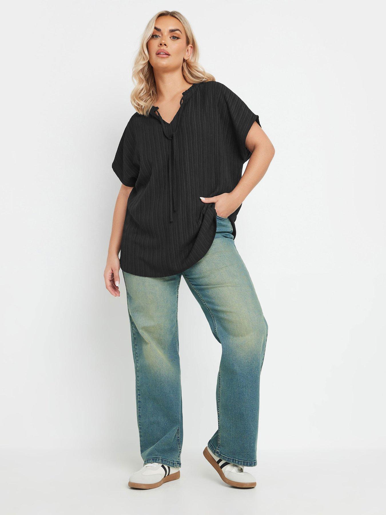 Image 3 of 4 of Yours Curve Texture Frill Neck Top - Black