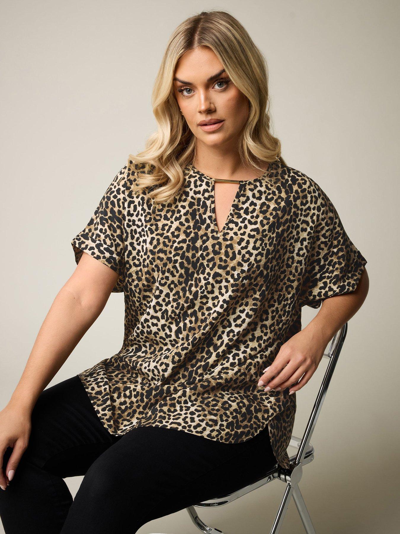yours-curve-leopard-print-metal-trim-short-sleeve-top-brown