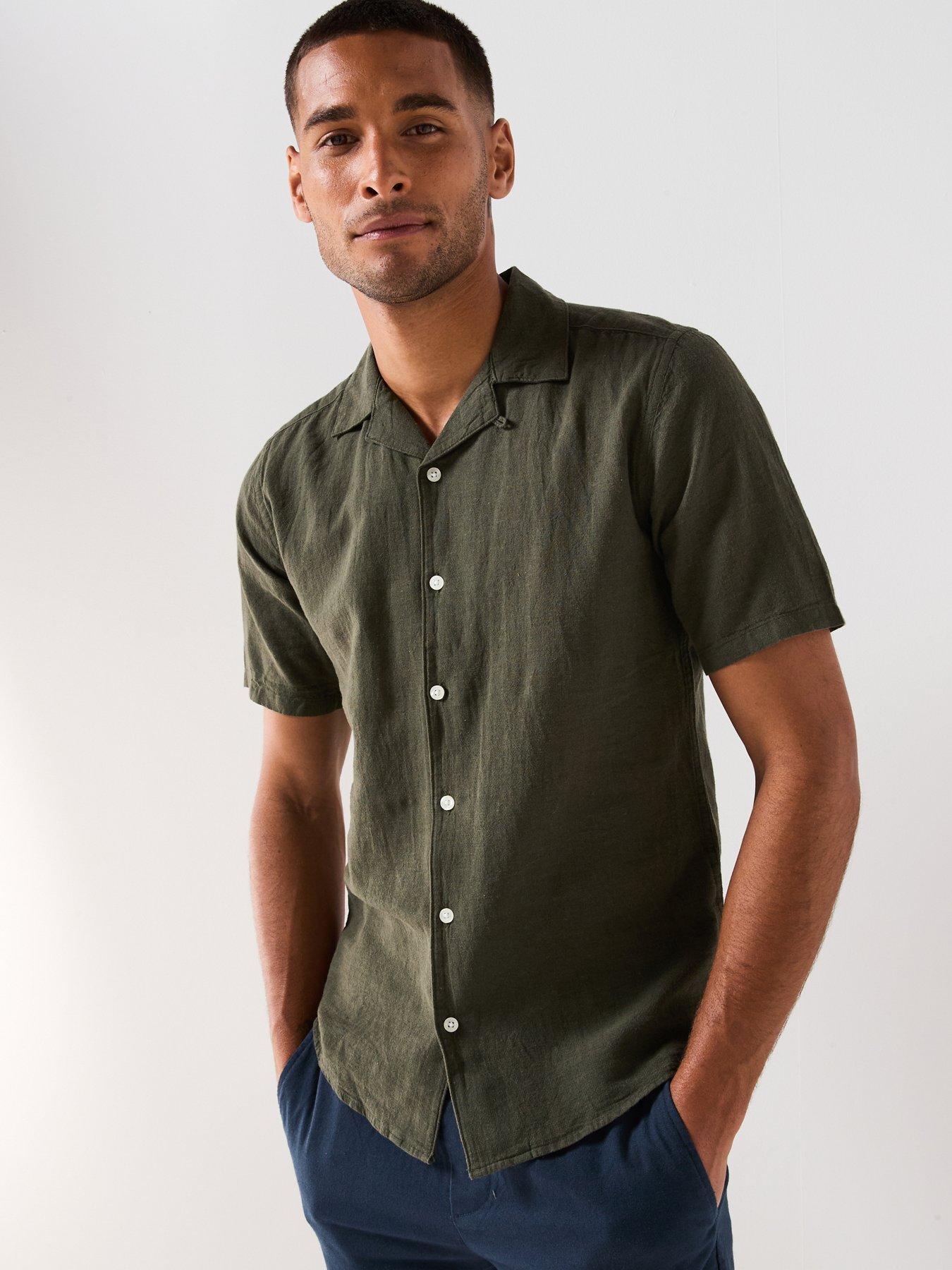ONLY & SONS Caiden Slim Fit Short Sleeve Resort Collar Linen Shirt - Dark Green