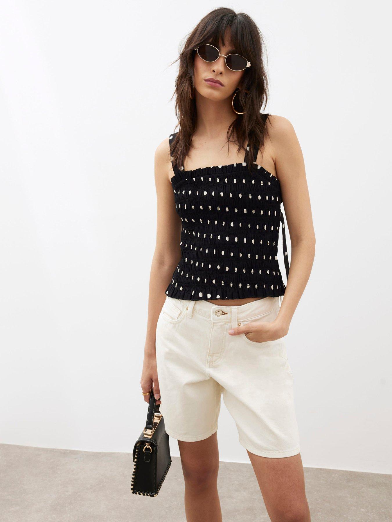 river-island-black-polka-dot-sleeveless-shirred-top-black