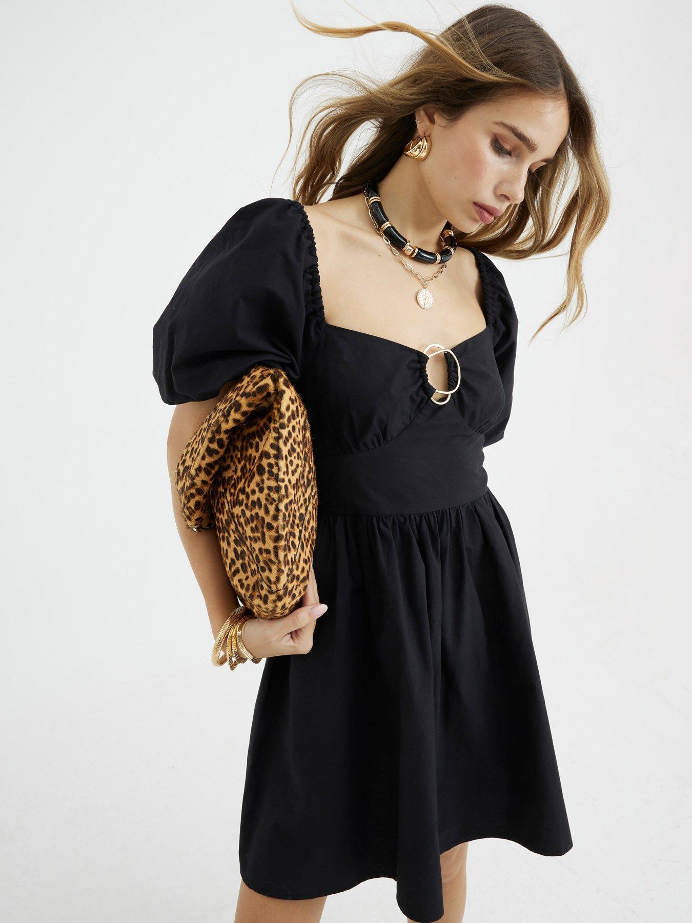 River Island Short Sleeve Poplin Trim Detail Mini Dress - Black