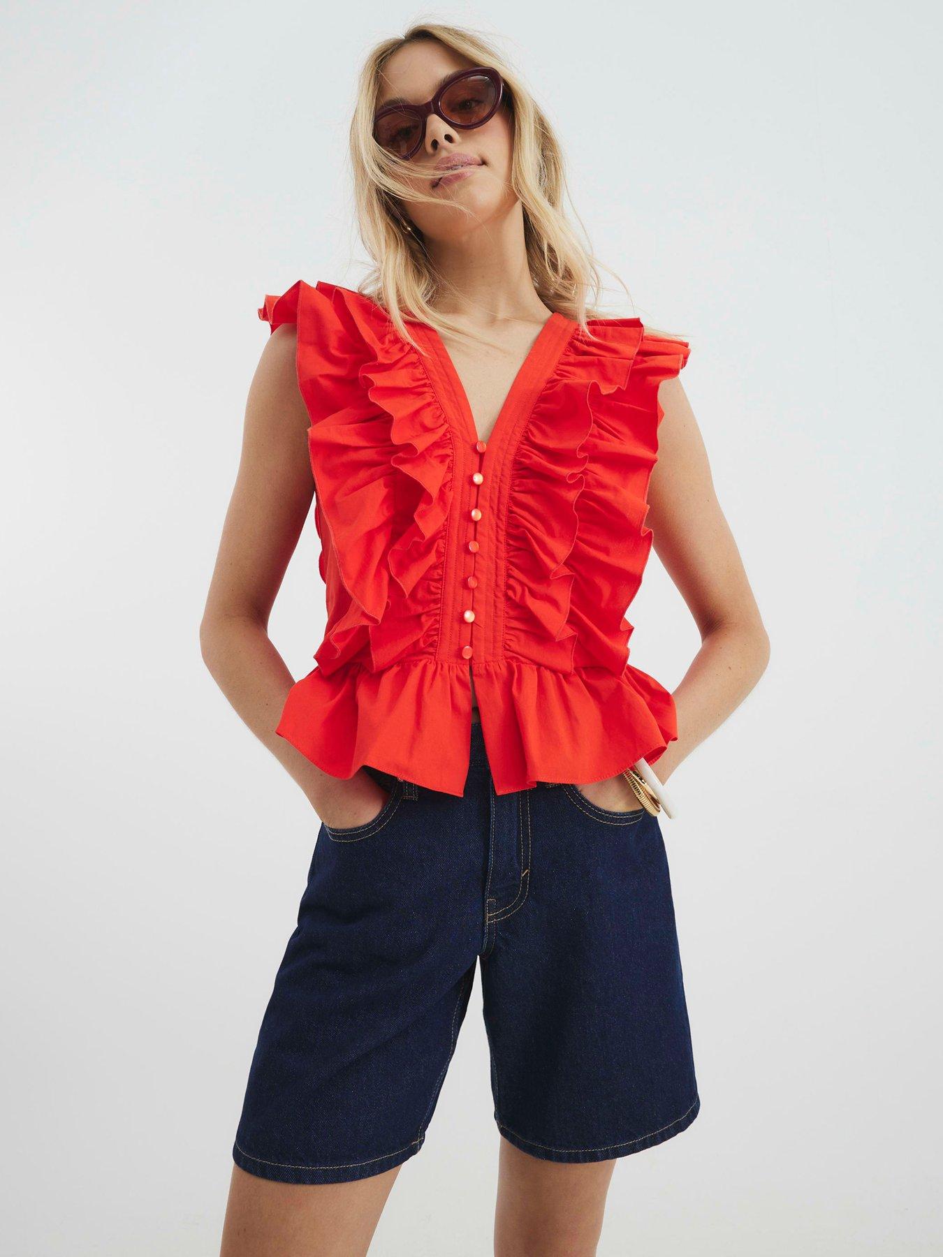 River Island Short Sleeve Ruffle Front Button Top - Red