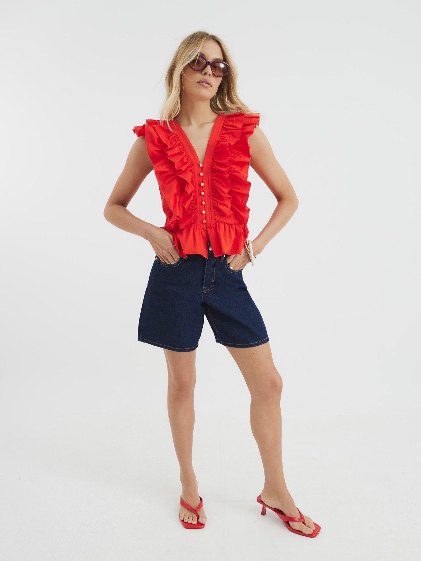 river-island-short-sleeve-ruffle-front-button-top-redback