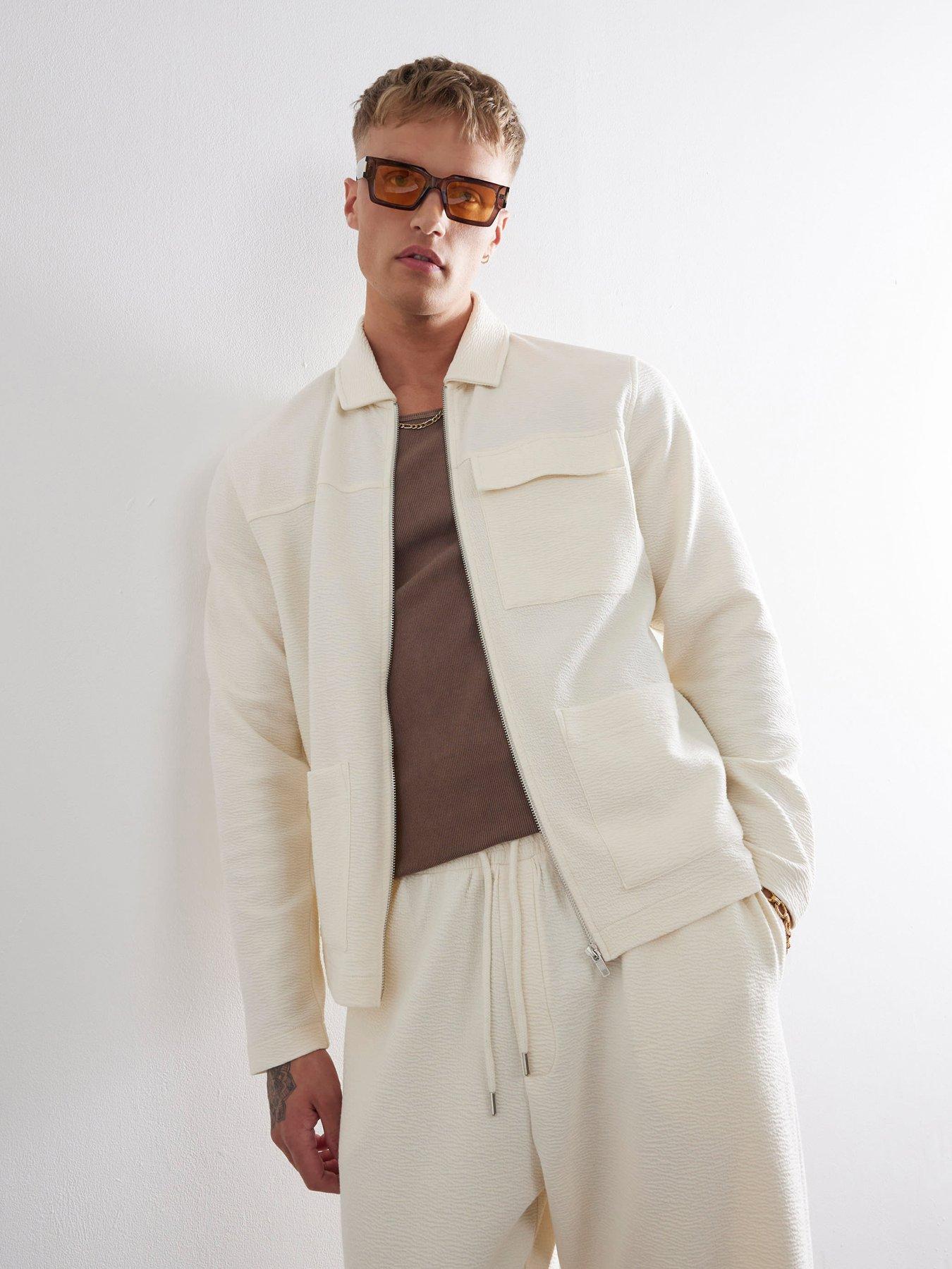 Image 1 of 4 of River Island Long Sleeve Textured Smart Overshirt - Off White