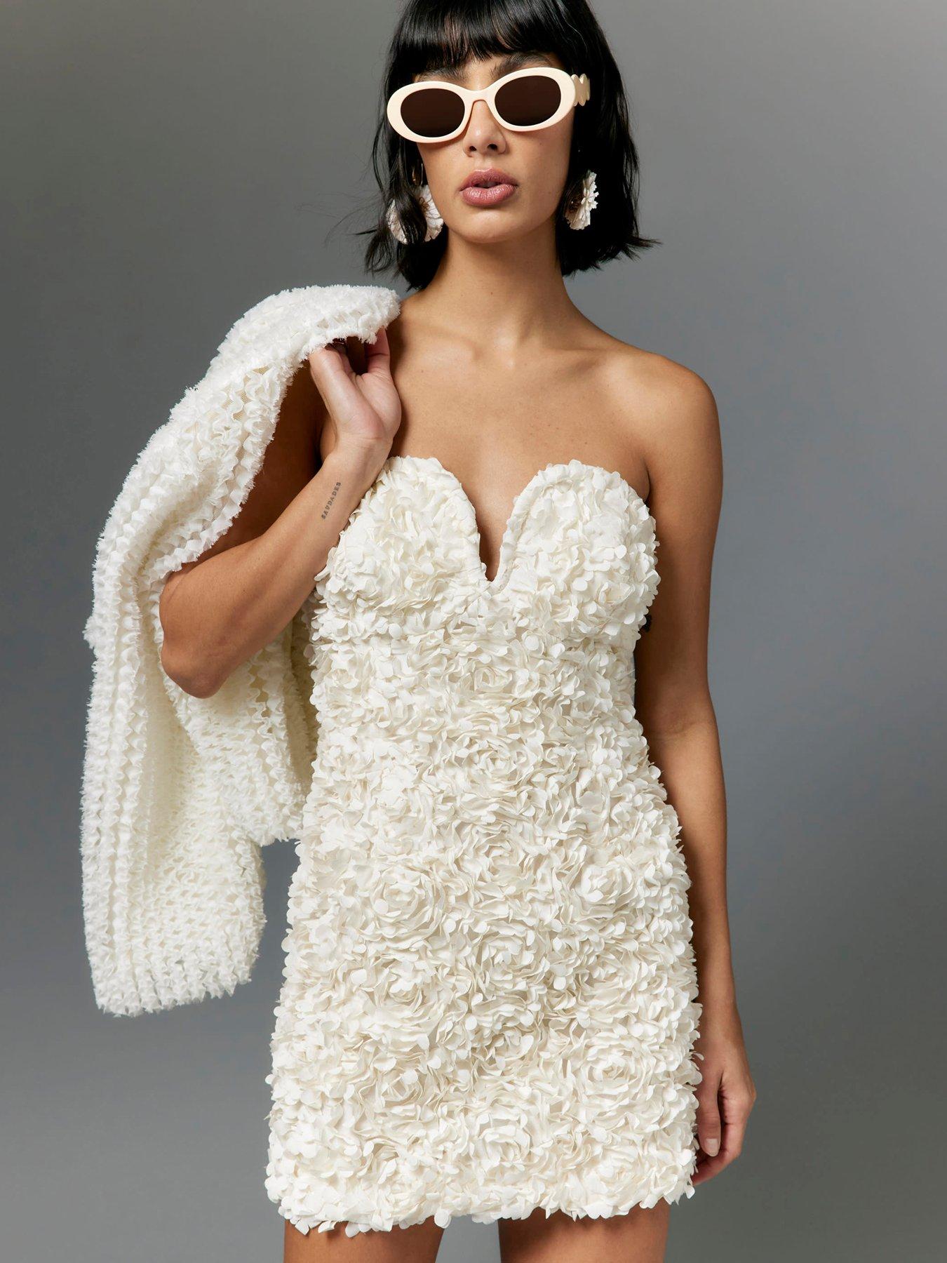 Image 1 of 4 of River Island Plunge 3D Mini Dress - Cream