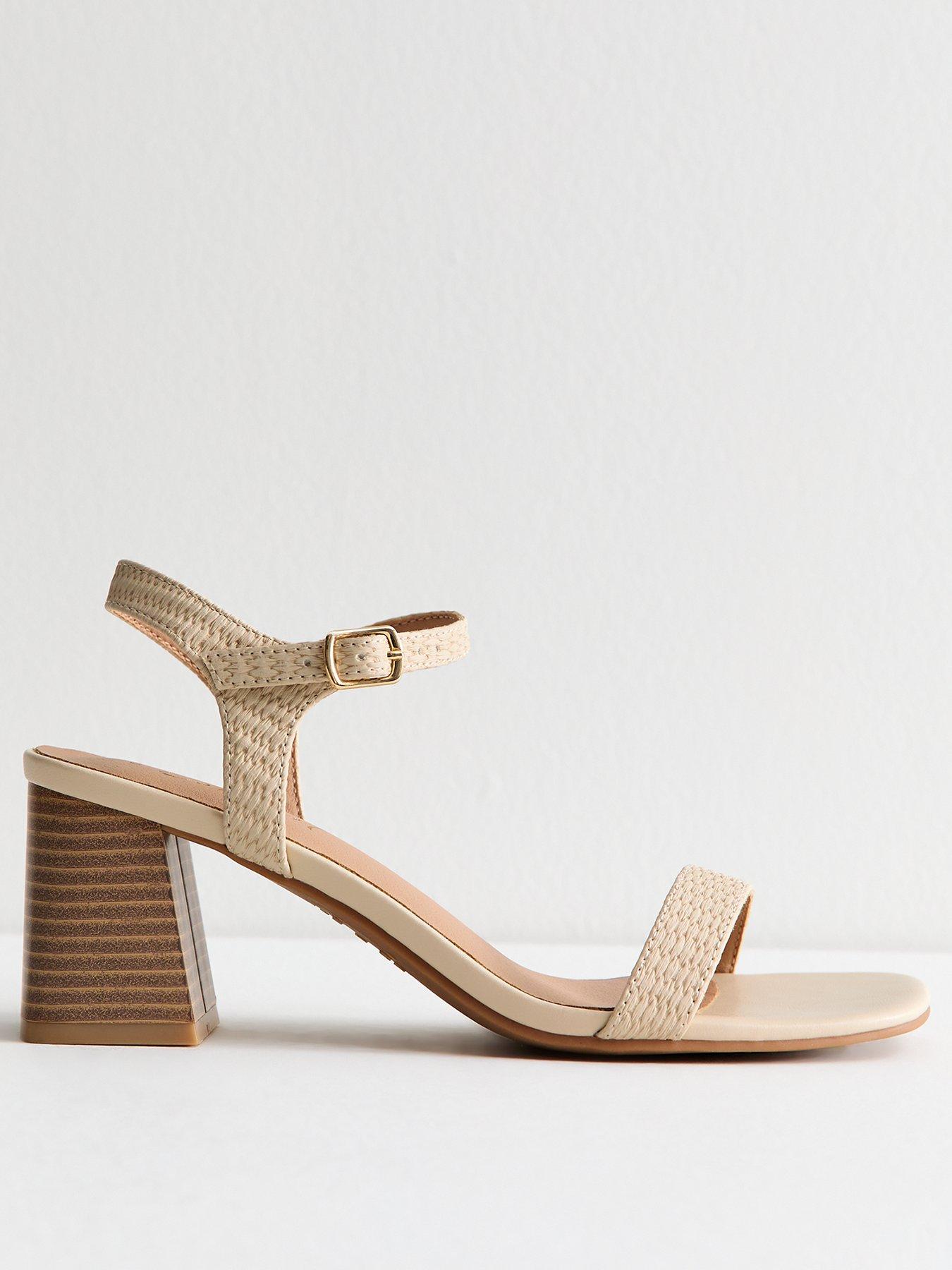 Image 1 of 6 of New Look Raffia And Faux Leather Heeled Sandals - Cream