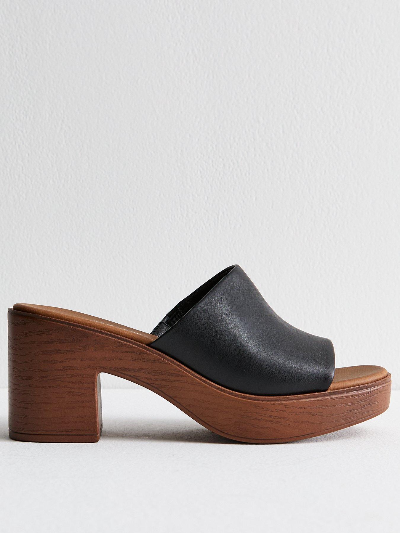 Image 1 of 6 of New Look Faux Leather Strap Platform Mules - Black