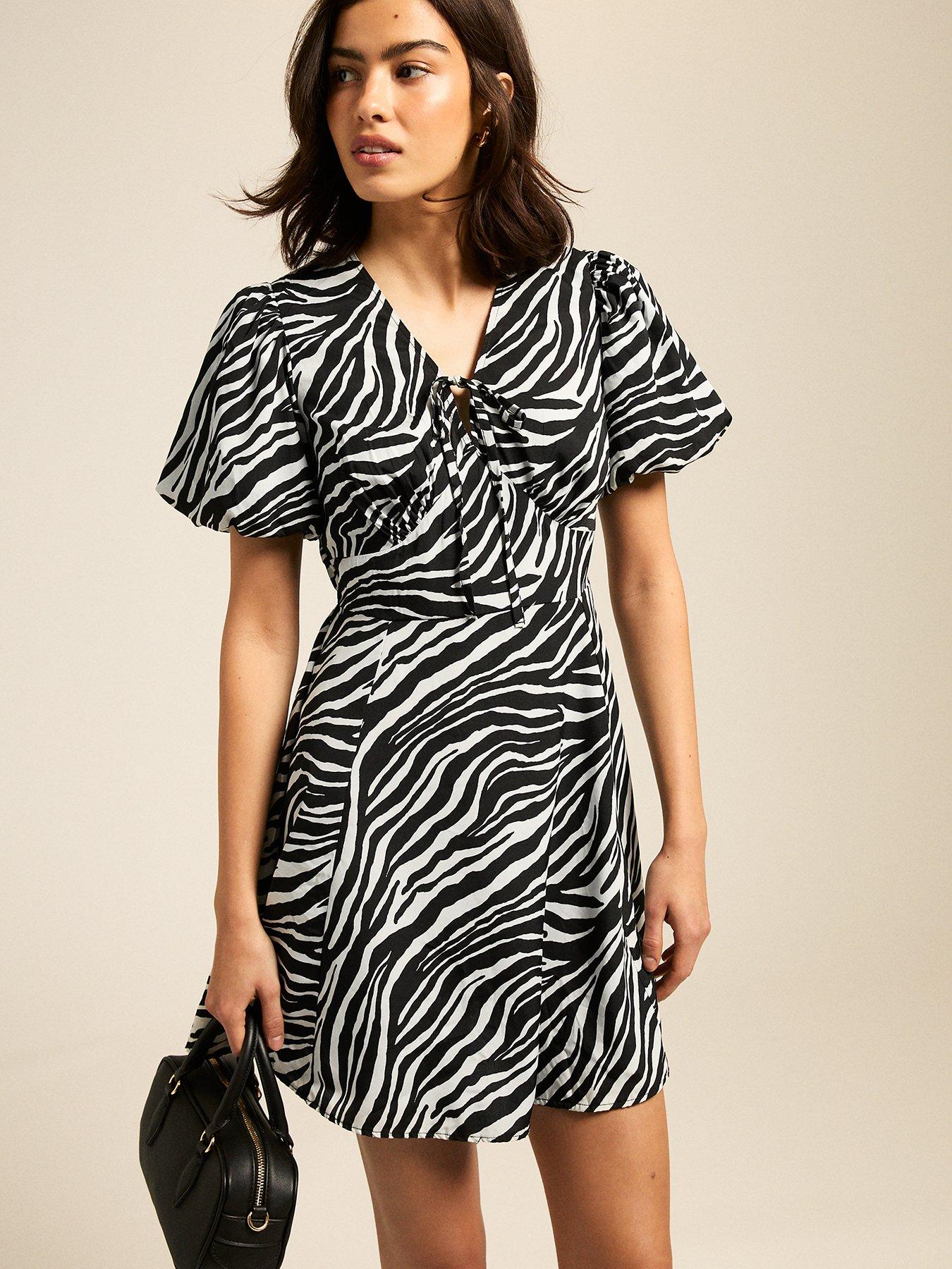 Image of New Look Zebra Print Tie Neck Mini Dress - Black