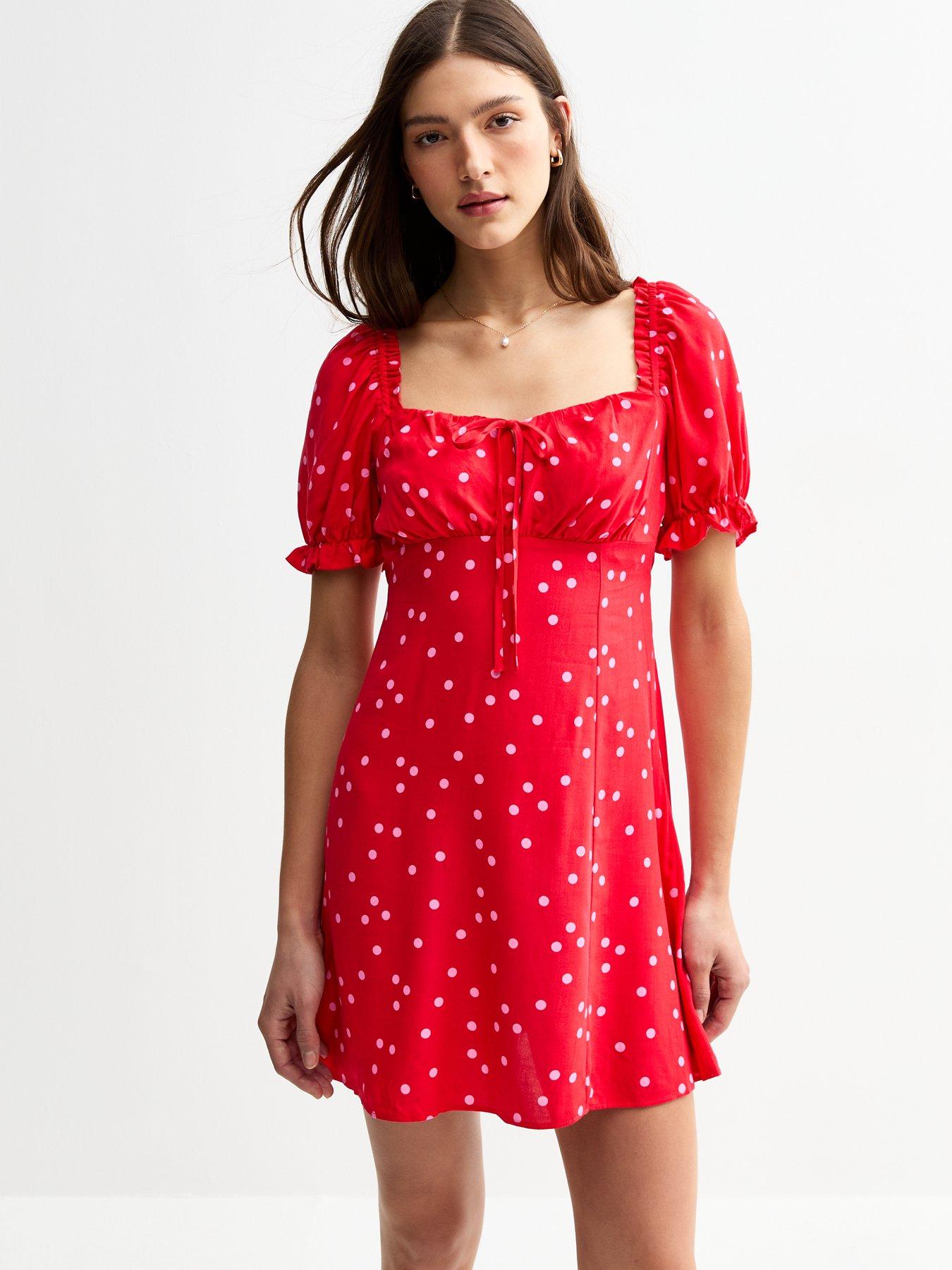 Image 1 of 5 of New Look Polka Dot Square Neck Mini Dress - Red