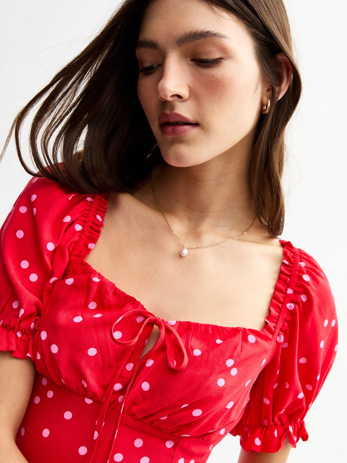 Image 4 of 5 of New Look Polka Dot Square Neck Mini Dress - Red