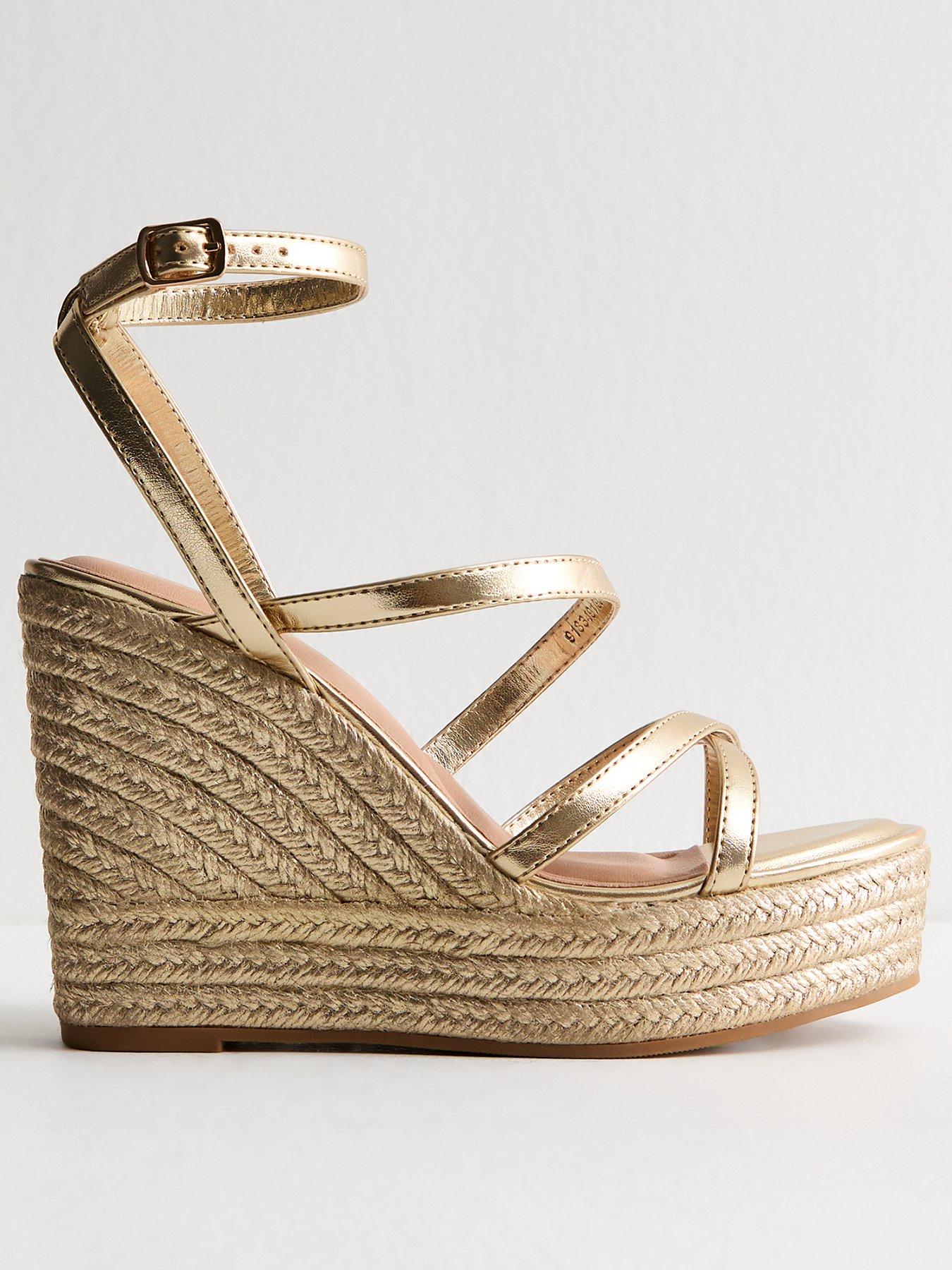 New Look Faux Leather Metallic Strap Wedge Sandals - Gold