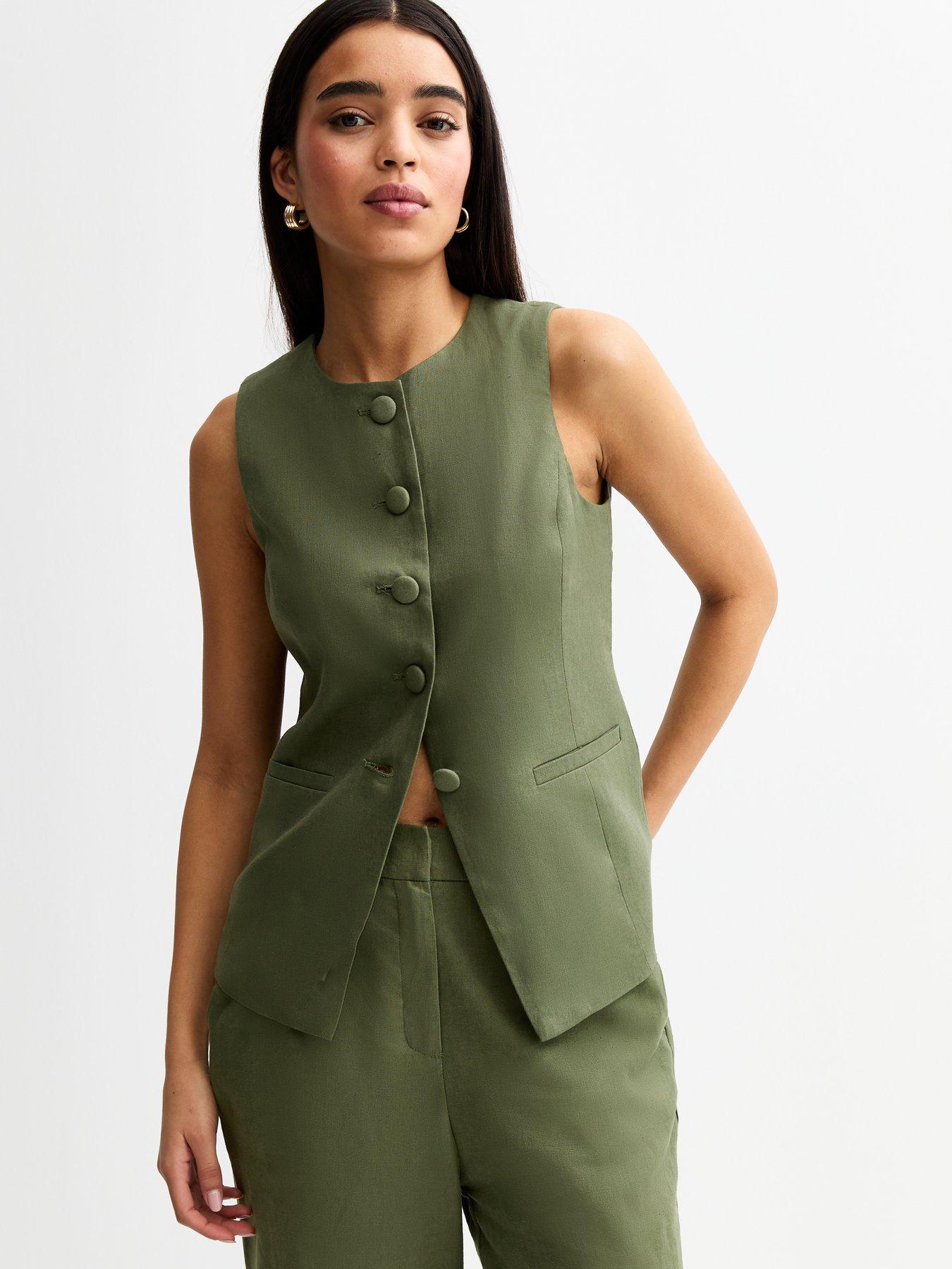 Image 1 of 6 of New Look Crew Neck Linen Blend Waistcoat - Khaki