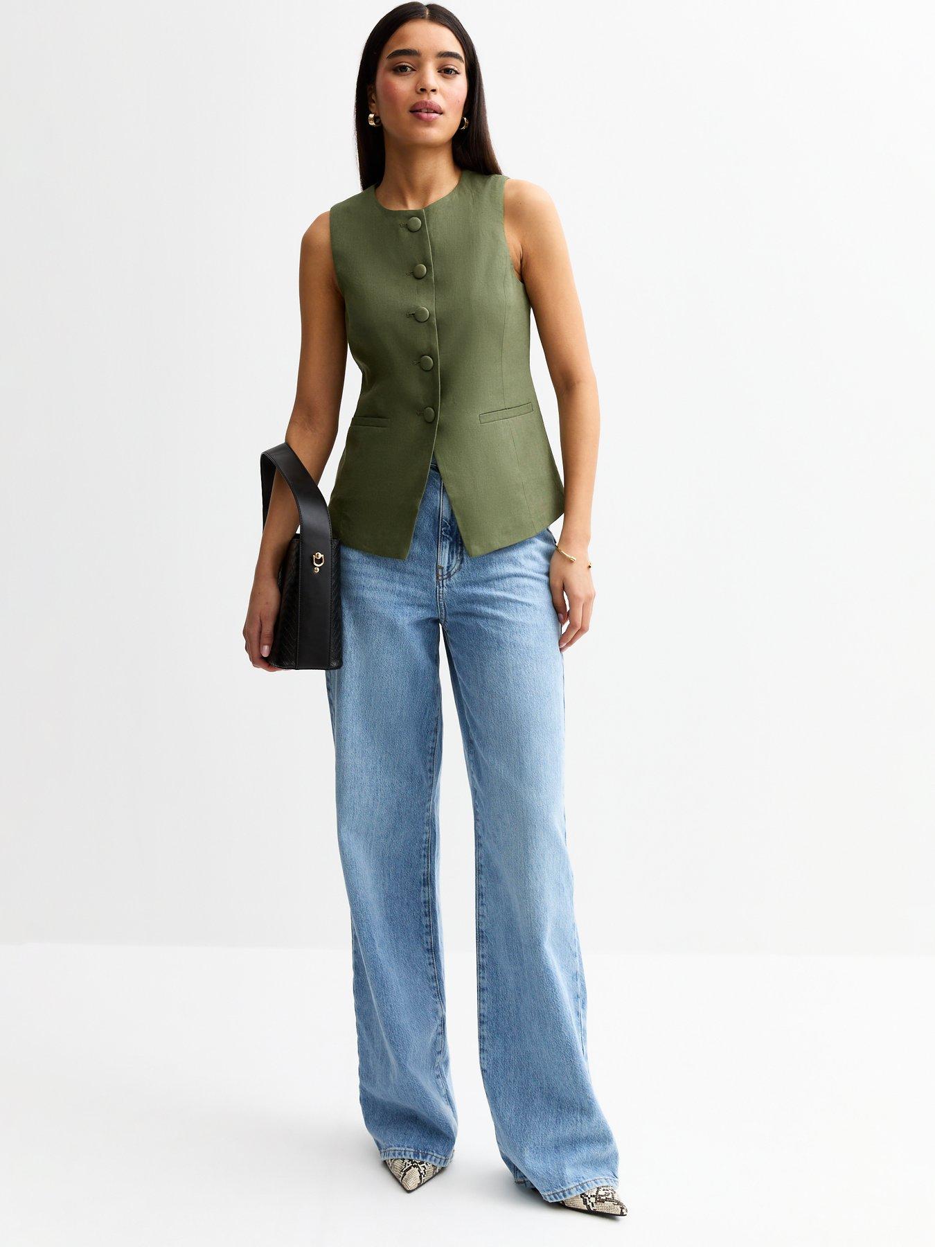 Image 5 of 6 of New Look Crew Neck Linen Blend Waistcoat - Khaki